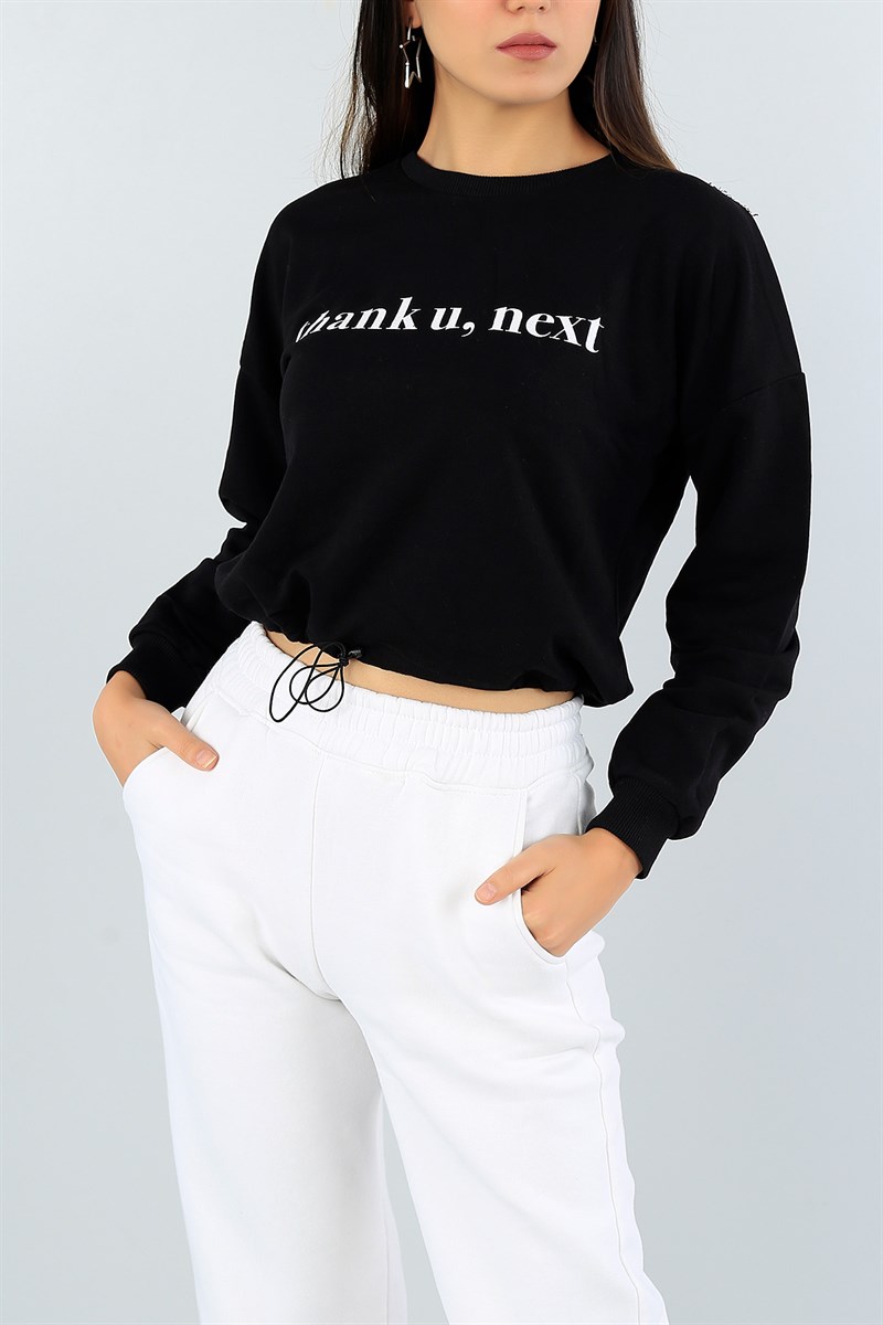 Siyah Beli Sıkmalı Bayan Crop Sweat 46735