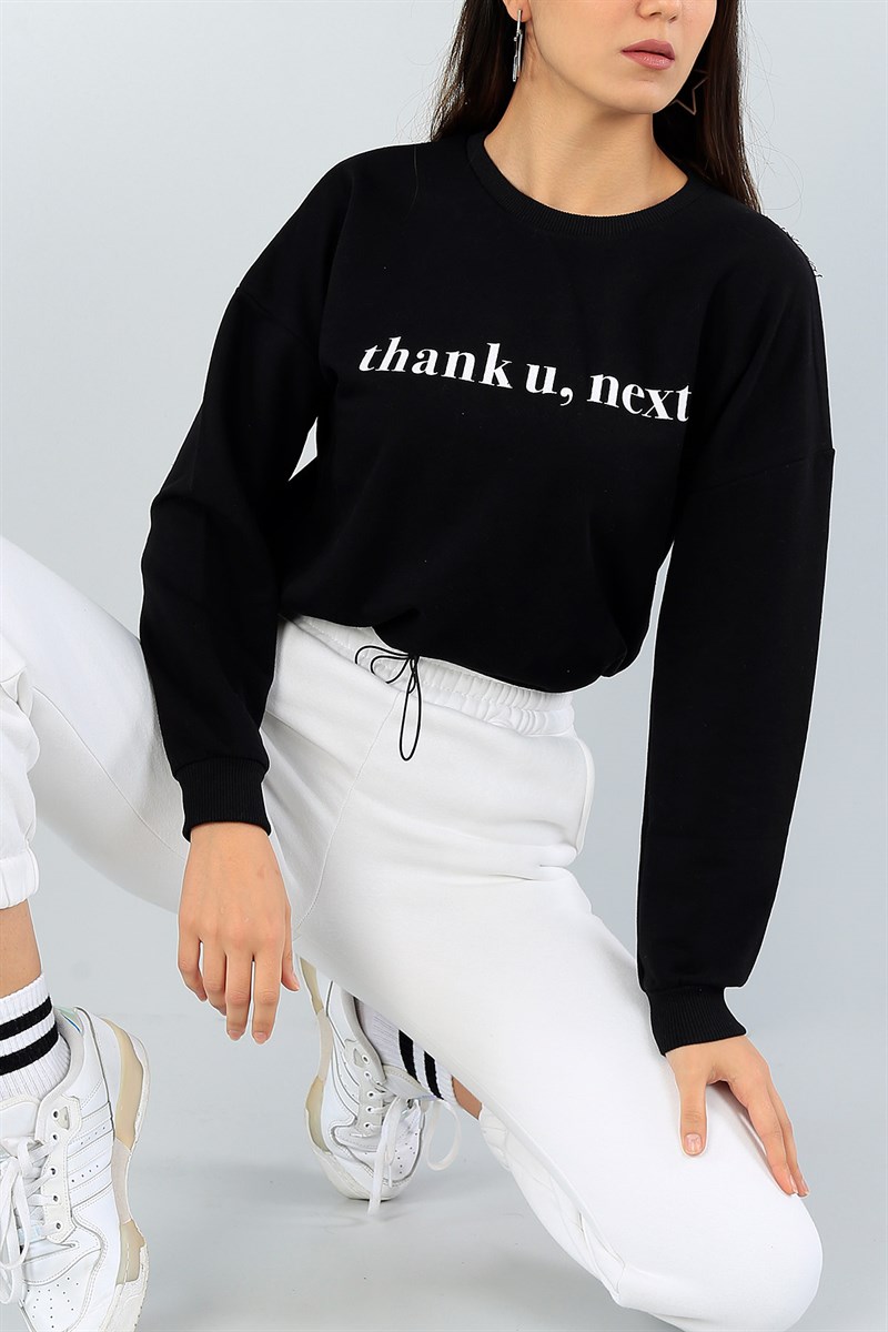 Siyah Beli Sıkmalı Bayan Crop Sweat 46735