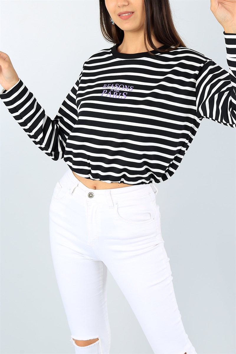 Siyah Beli Sıkmalı Çizgili Crop Sweat 40186