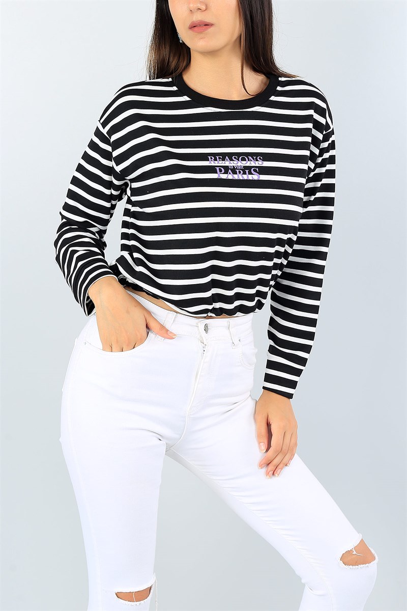 Siyah Beli Sıkmalı Çizgili Crop Sweat 40186