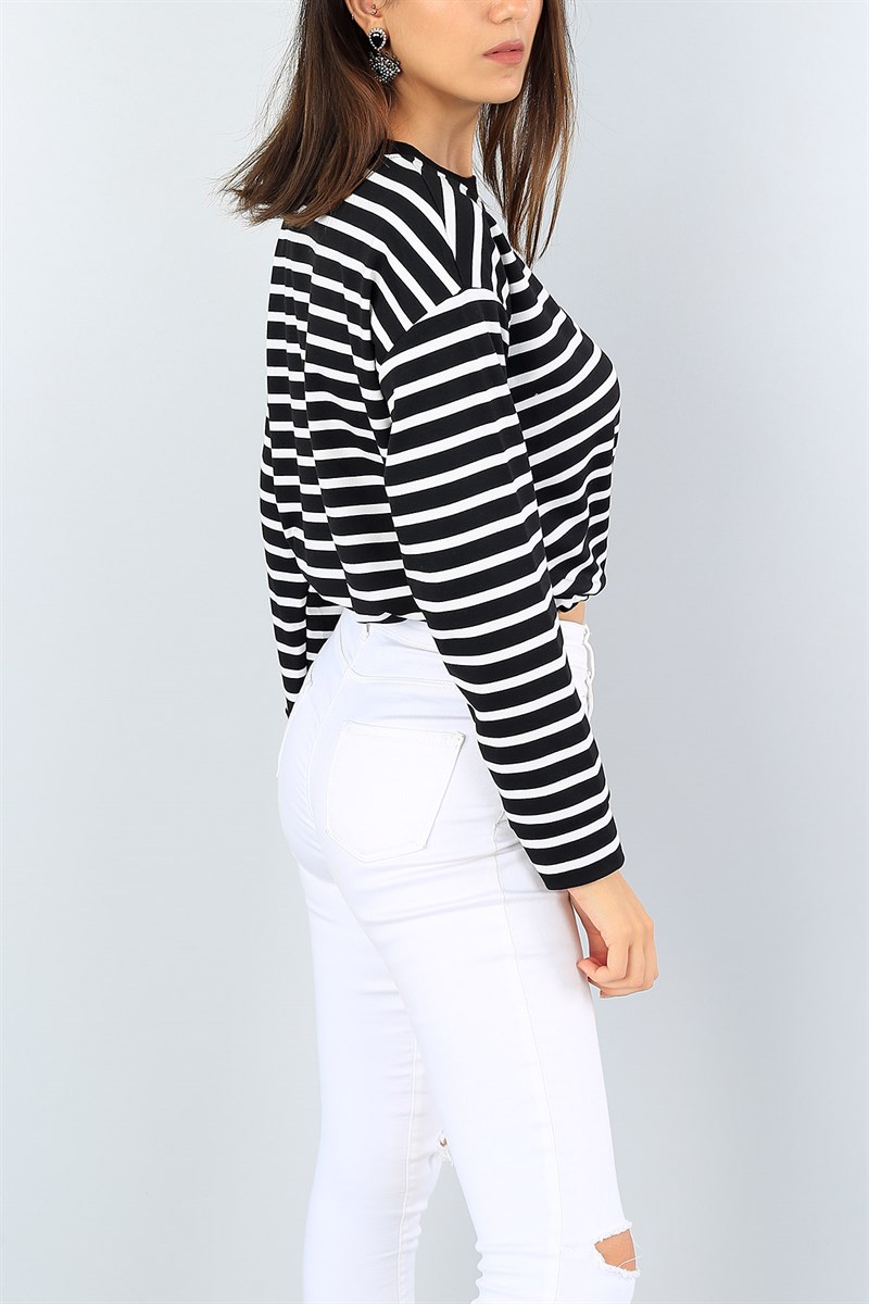 Siyah Beli Sıkmalı Çizgili Crop Sweat 40186