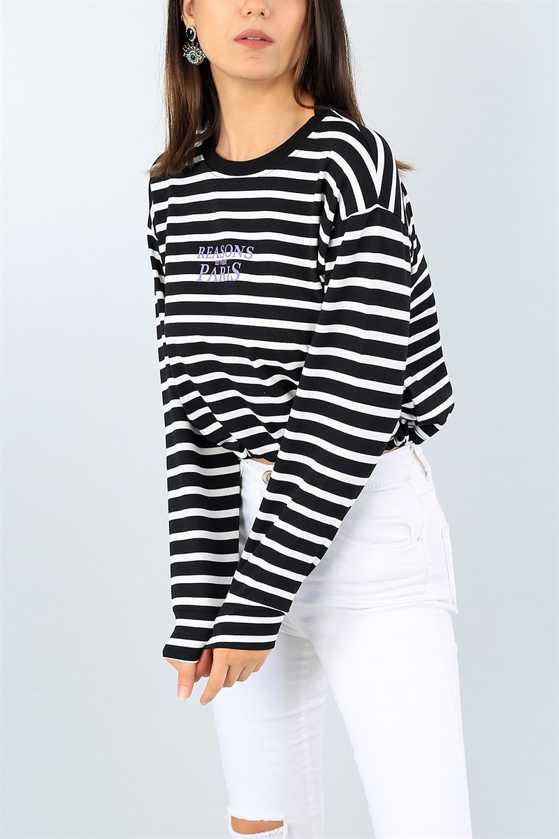 Siyah Beli Sıkmalı Çizgili Crop Sweat 40186