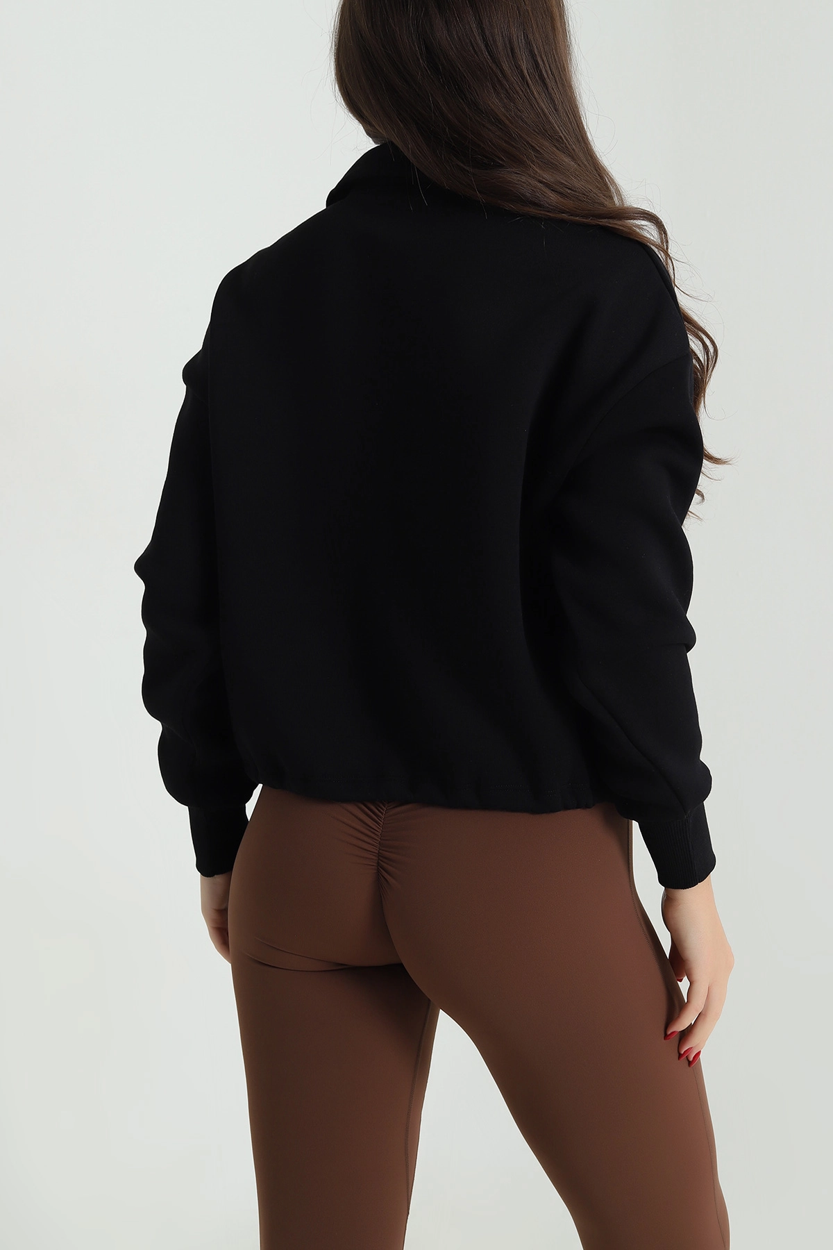 Siyah Beli Sıkmalı Şardonlu Kadın Fermuarlı Sweat 492615