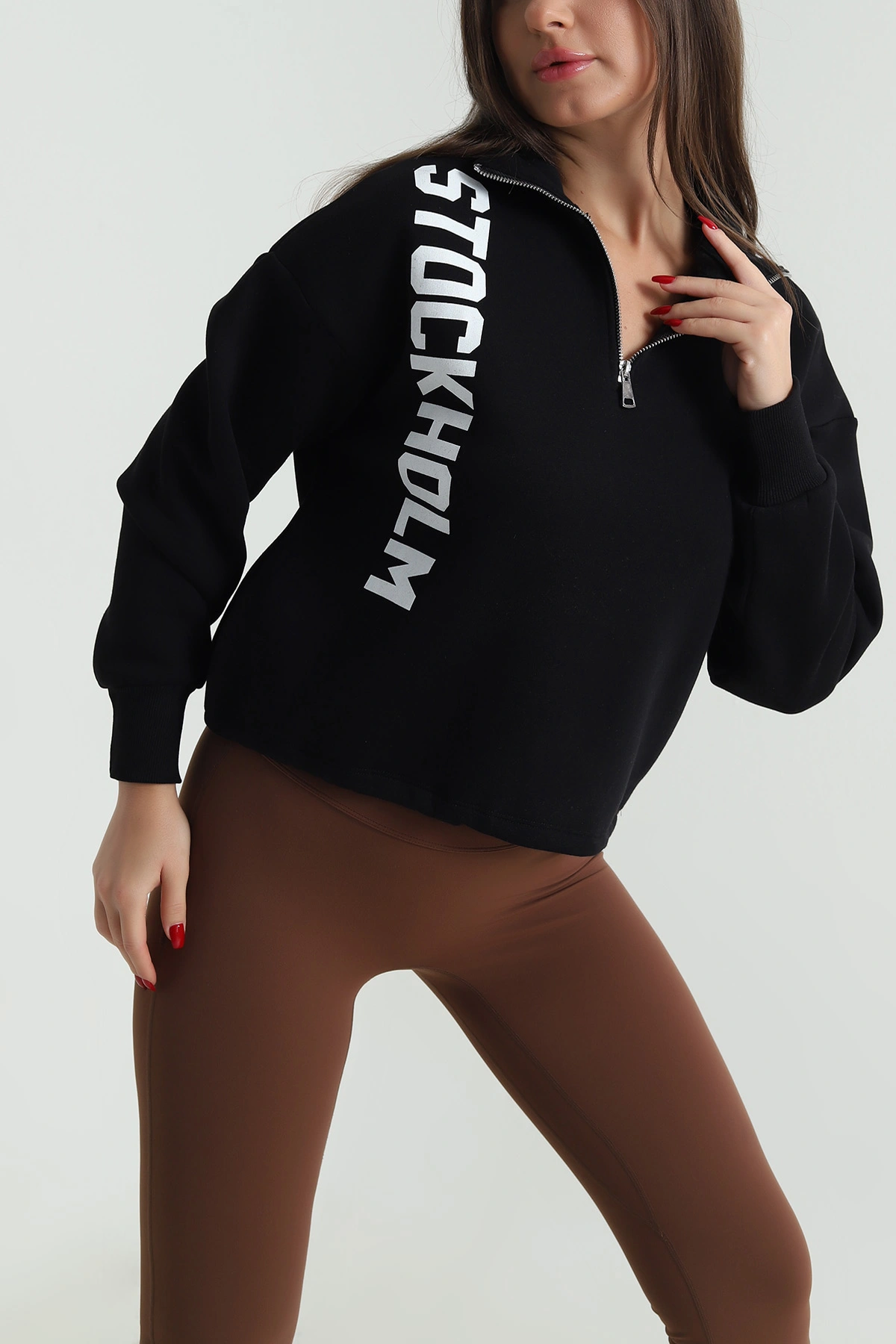 Siyah Beli Sıkmalı Şardonlu Kadın Fermuarlı Sweat 492615