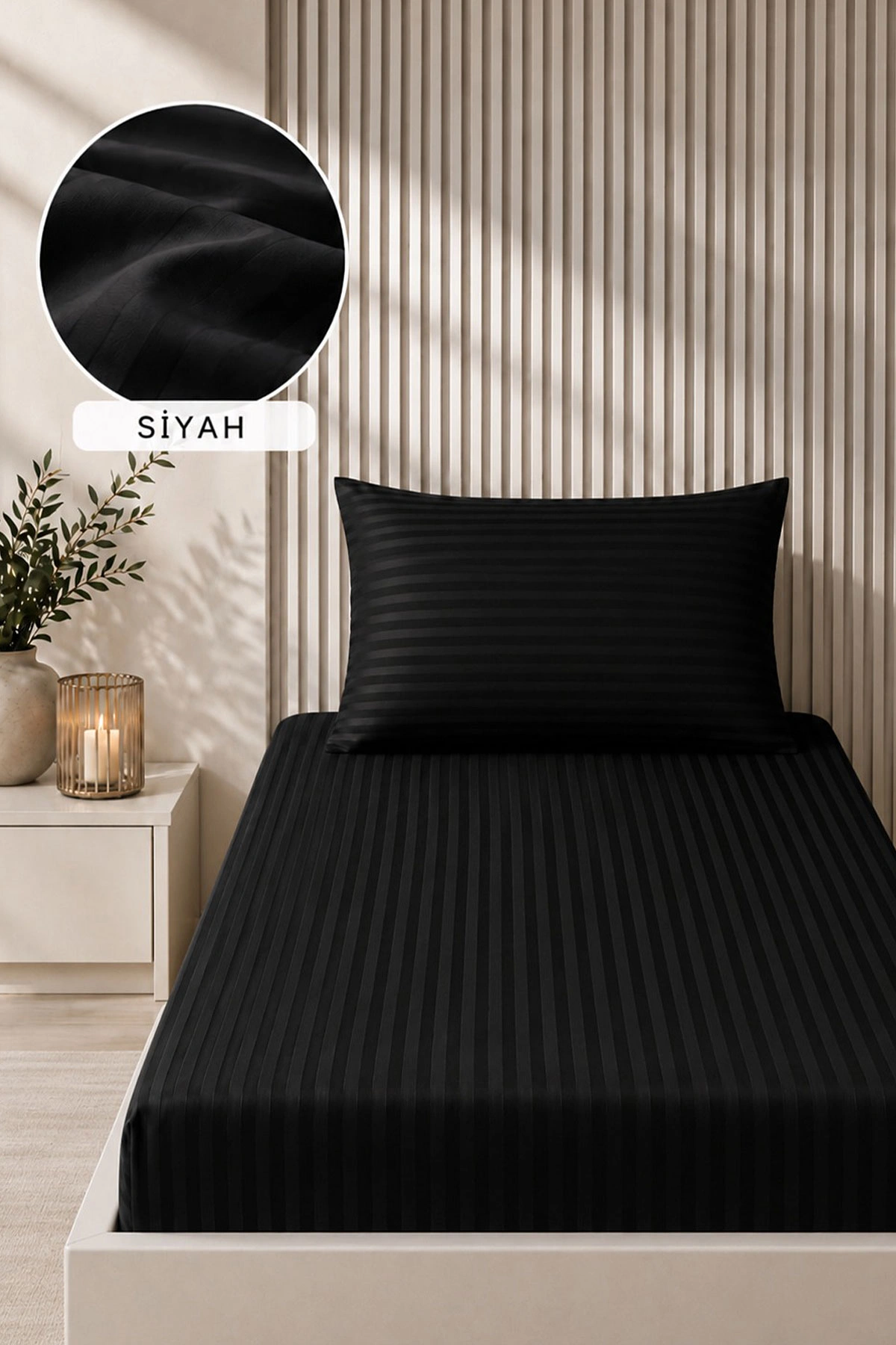 Siyah Bella Home 100x200 Cm Tek Kişilik Çizgili Saten Çarşaf Seti 482990