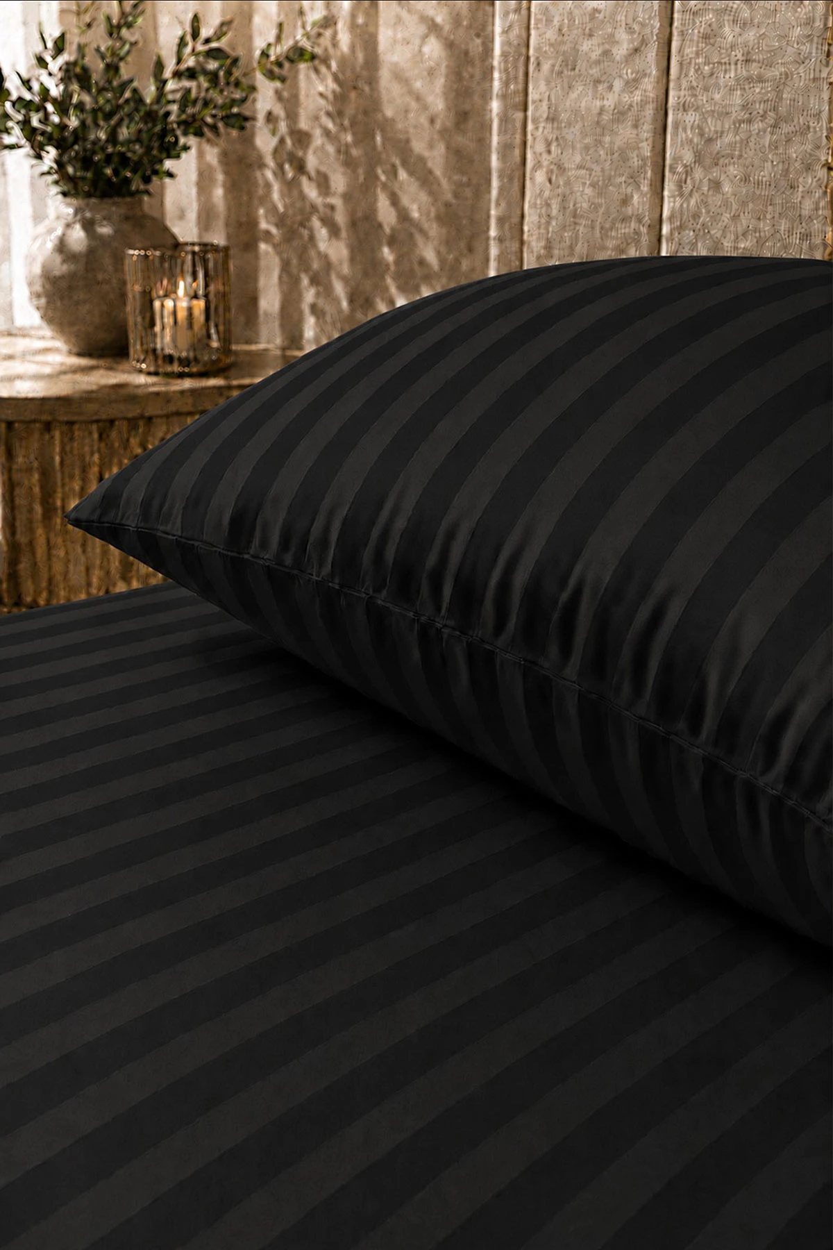 Siyah Bella Home 100x200 Cm Tek Kişilik Çizgili Saten Çarşaf Seti 482990