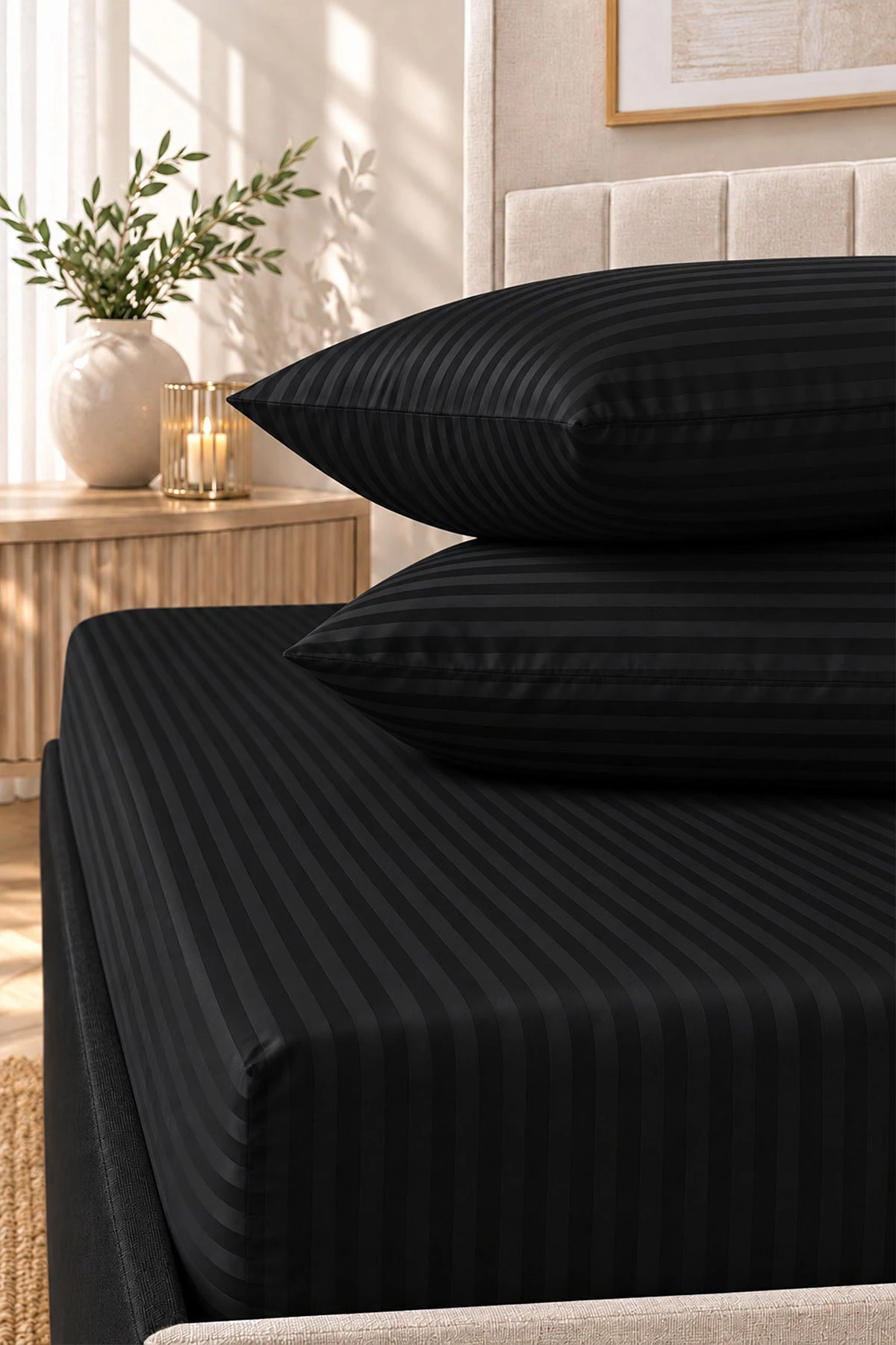 Siyah Bella Home 160x200 Cm Çift Kişilik Çizgili Saten Çarşaf Seti 483019