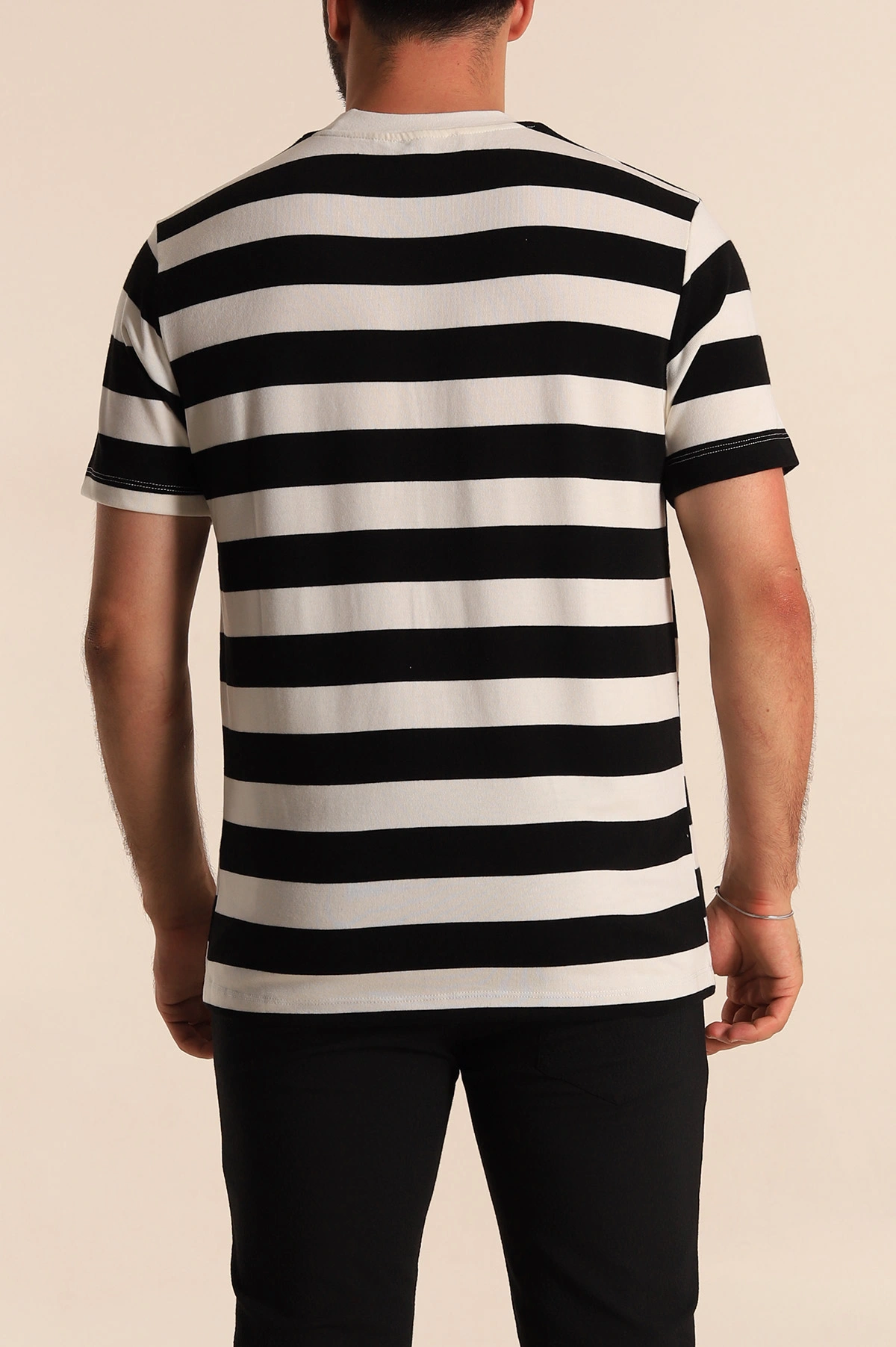 Siyah Beyaz Çizgili Relaxed Fit Erkek Triko Tişört 279239