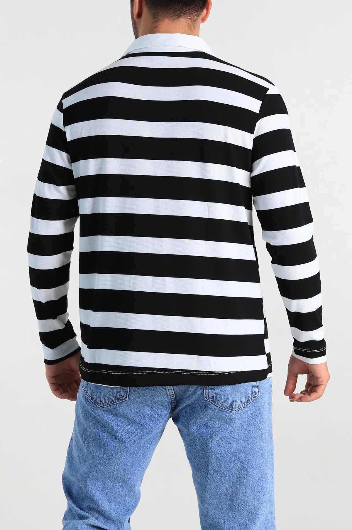 Siyah Beyaz Çizgili Relaxed Fit Polo Yaka Erkek İnce Sweatshirt 309096