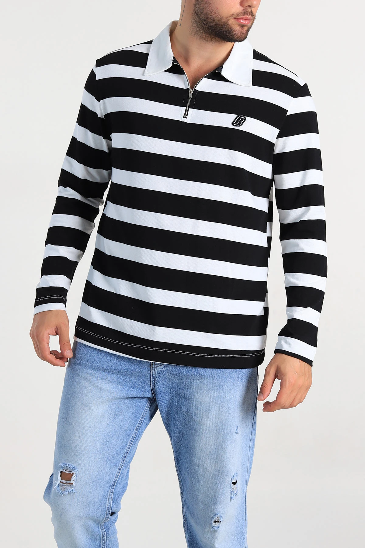 Siyah Beyaz Çizgili Relaxed Fit Polo Yaka Erkek İnce Sweatshirt 309096