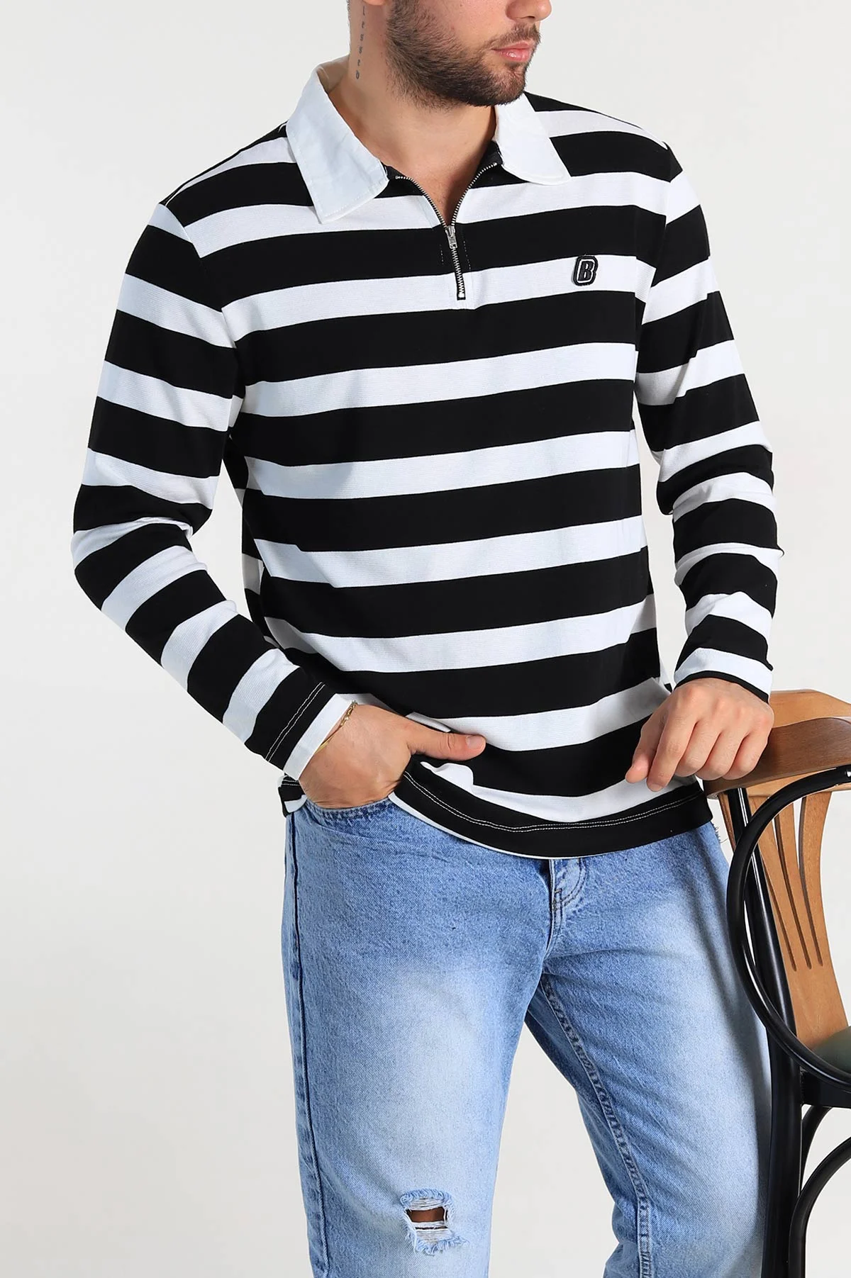 Siyah Beyaz Çizgili Relaxed Fit Polo Yaka Erkek İnce Sweatshirt 309096