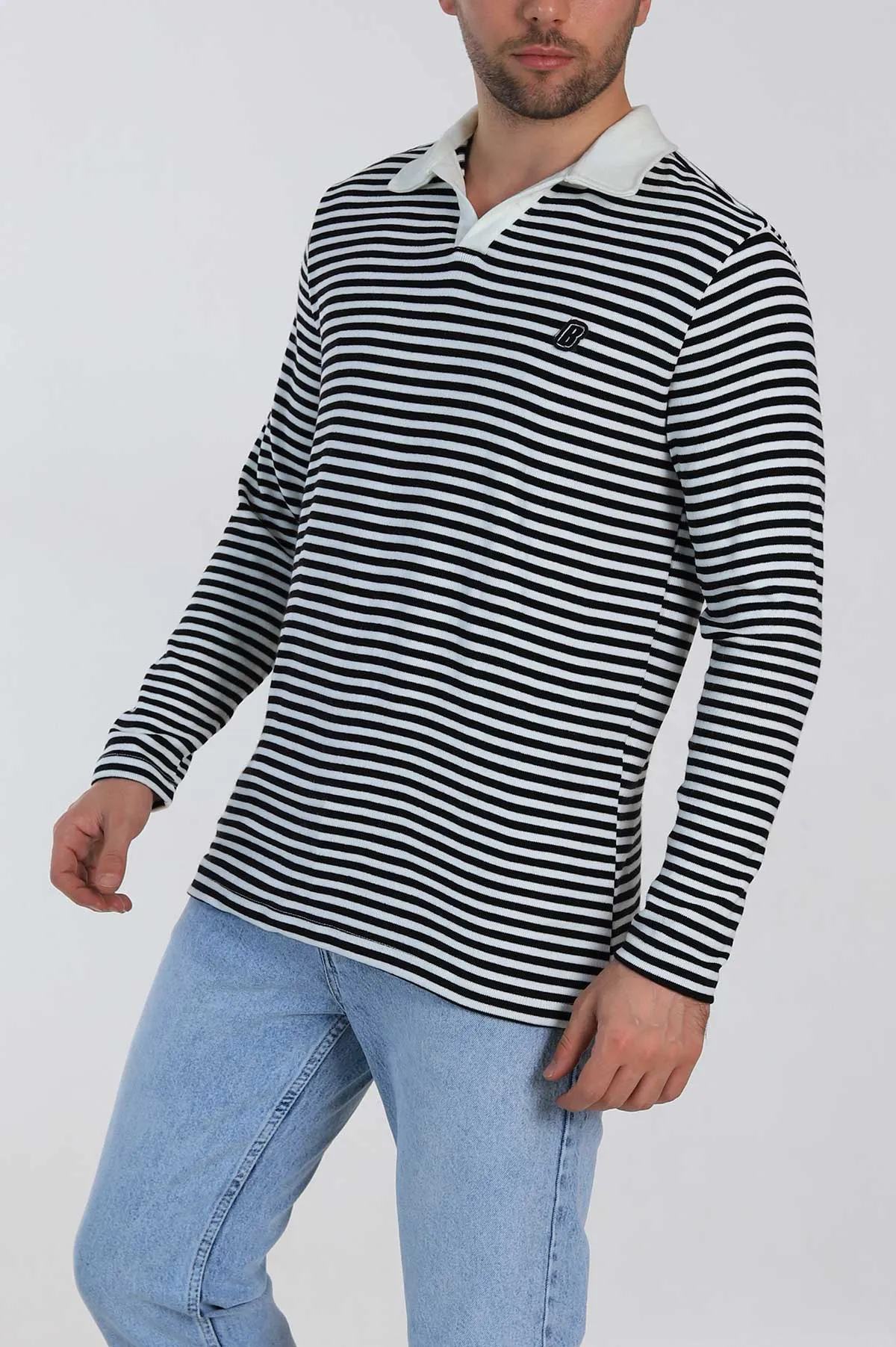 Siyah Beyaz Çizgili Relaxed Fit Polo Yaka Erkek Triko Kazak 309033