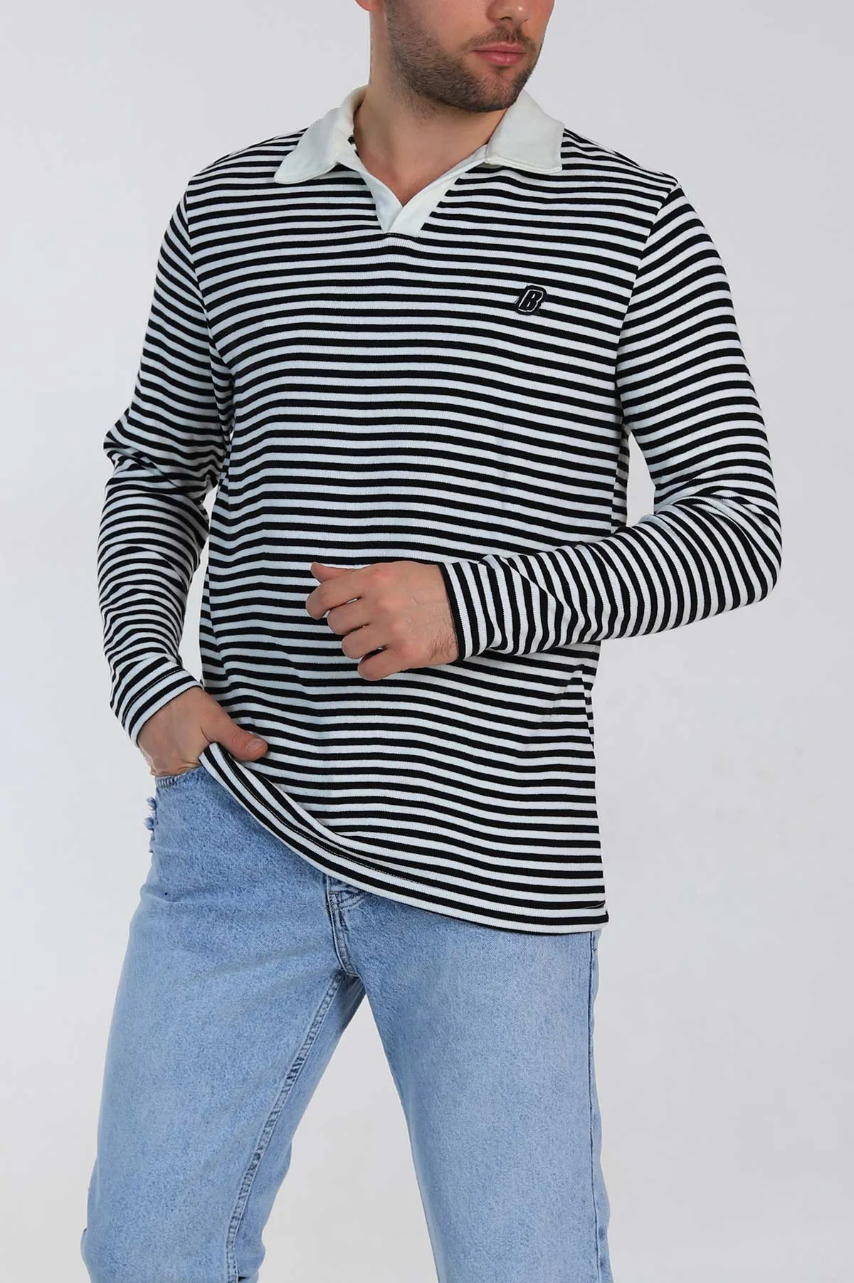 Siyah Beyaz Çizgili Relaxed Fit Polo Yaka Erkek Triko Kazak 309033