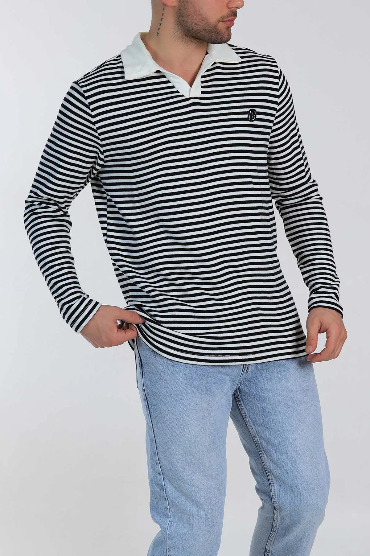 Siyah Beyaz Çizgili Relaxed Fit Polo Yaka Erkek Triko Kazak 309033