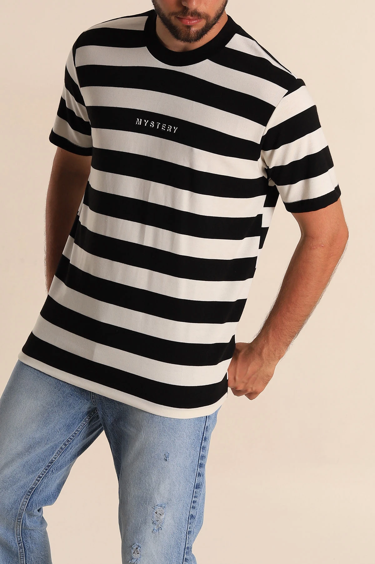 Siyah Beyaz Çizgili Relaxed Fit Yazı Detay Erkek Triko Tişört 279244