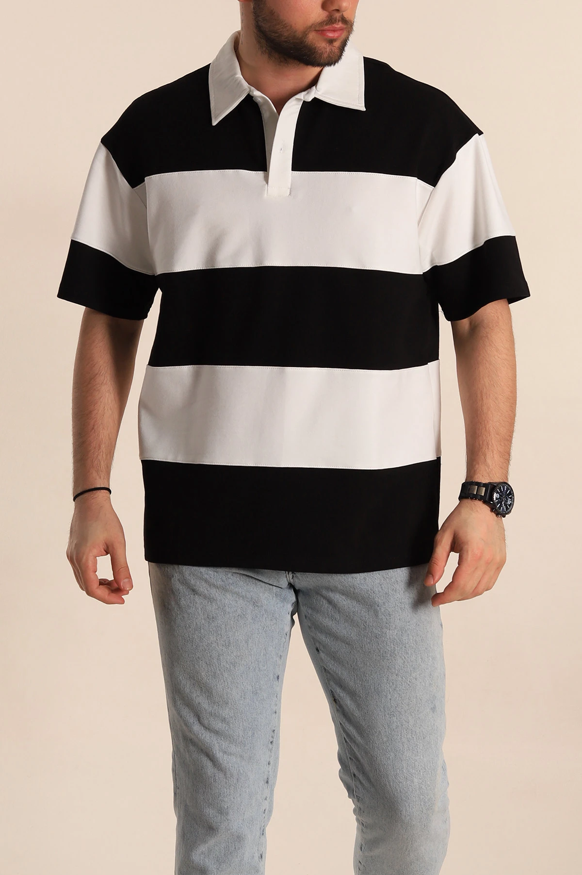 Siyah Beyaz Geniş Çizgili Oversize İki İp Polo Yaka Erkek Tişört 268909