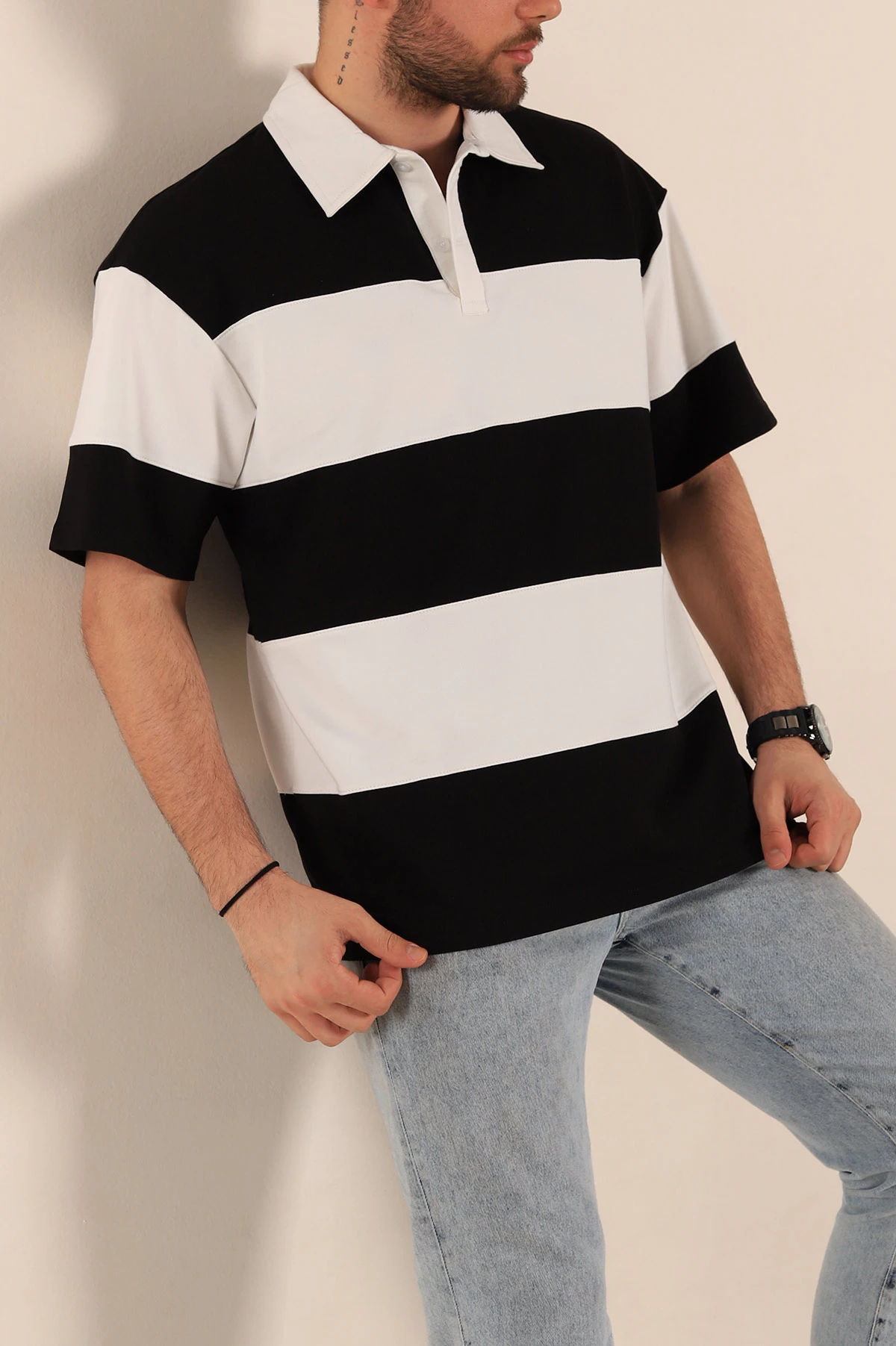 Siyah Beyaz Geniş Çizgili Oversize İki İp Polo Yaka Erkek Tişört 268909