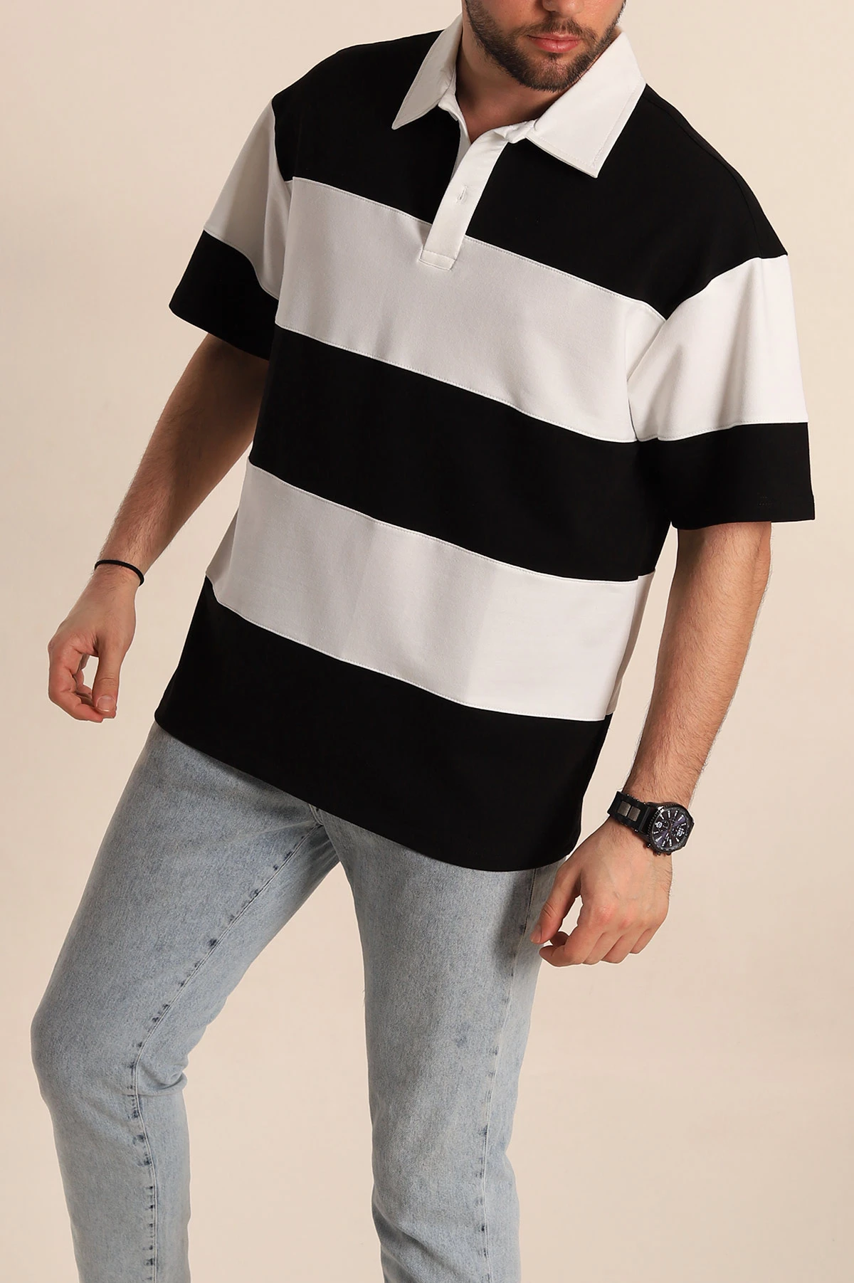 Siyah Beyaz Geniş Çizgili Oversize İki İp Polo Yaka Erkek Tişört 268909