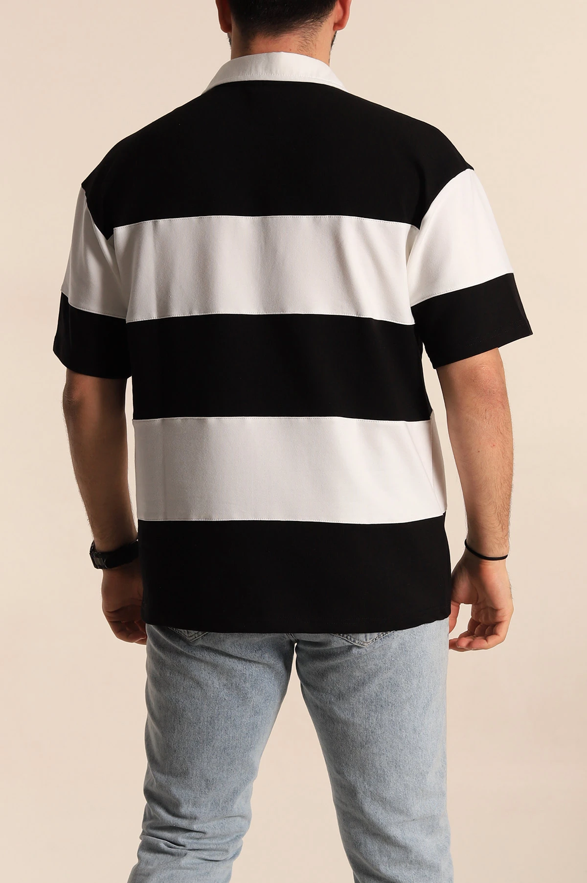 Siyah Beyaz Geniş Çizgili Oversize İki İp Polo Yaka Erkek Tişört 268909