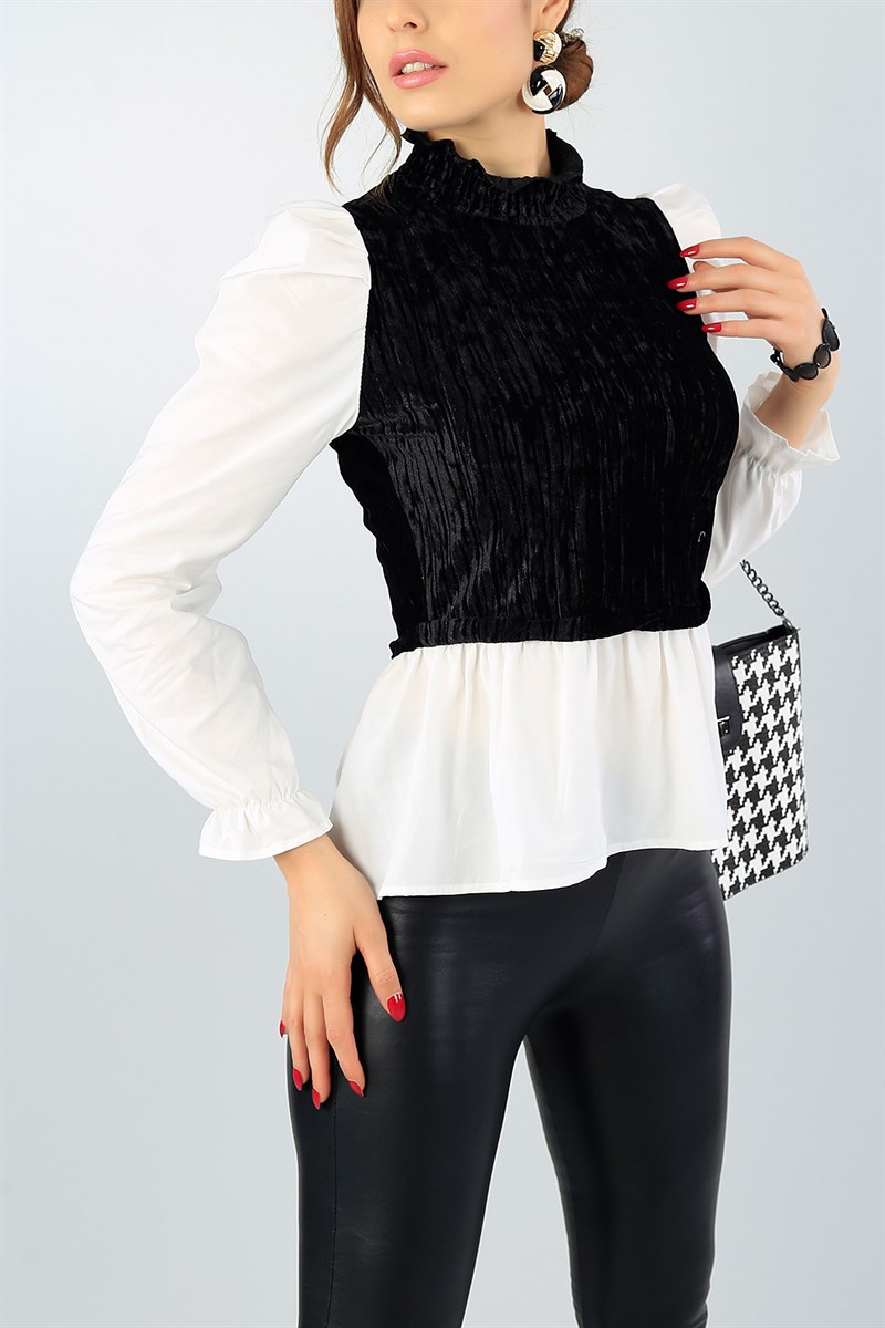 Siyah Beyaz Kadife Tasarım Bluz 43784