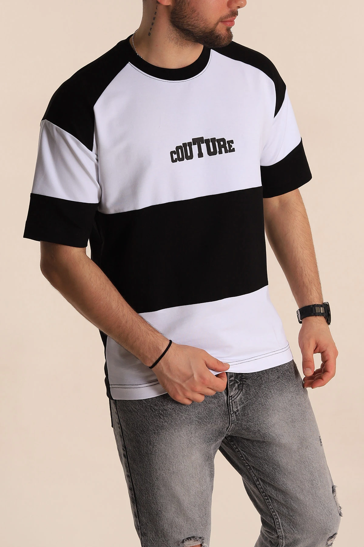 Siyah Beyaz Oversize İki İp Yazı Detay Erkek Tişört 266867