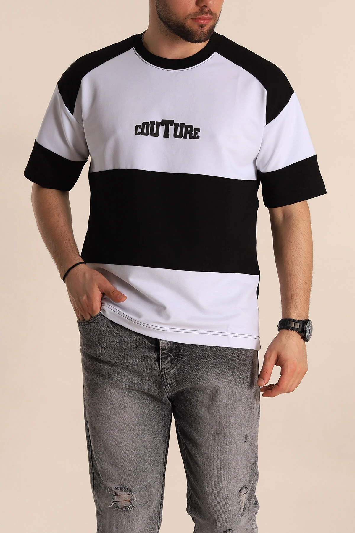 Siyah Beyaz Oversize İki İp Yazı Detay Erkek Tişört 266867