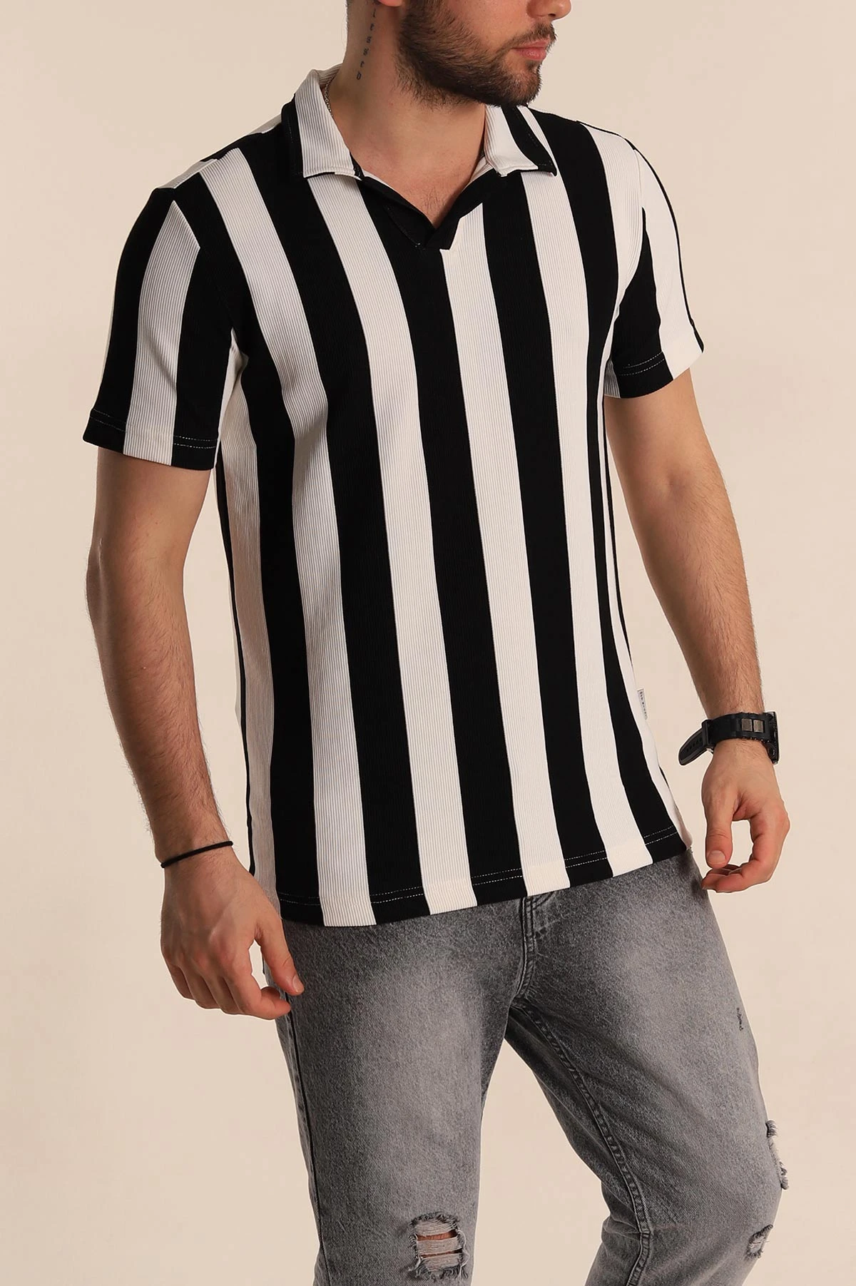 Siyah Beyaz Regular Fit Çizgili Polo Yaka Erkek Tişört 268618