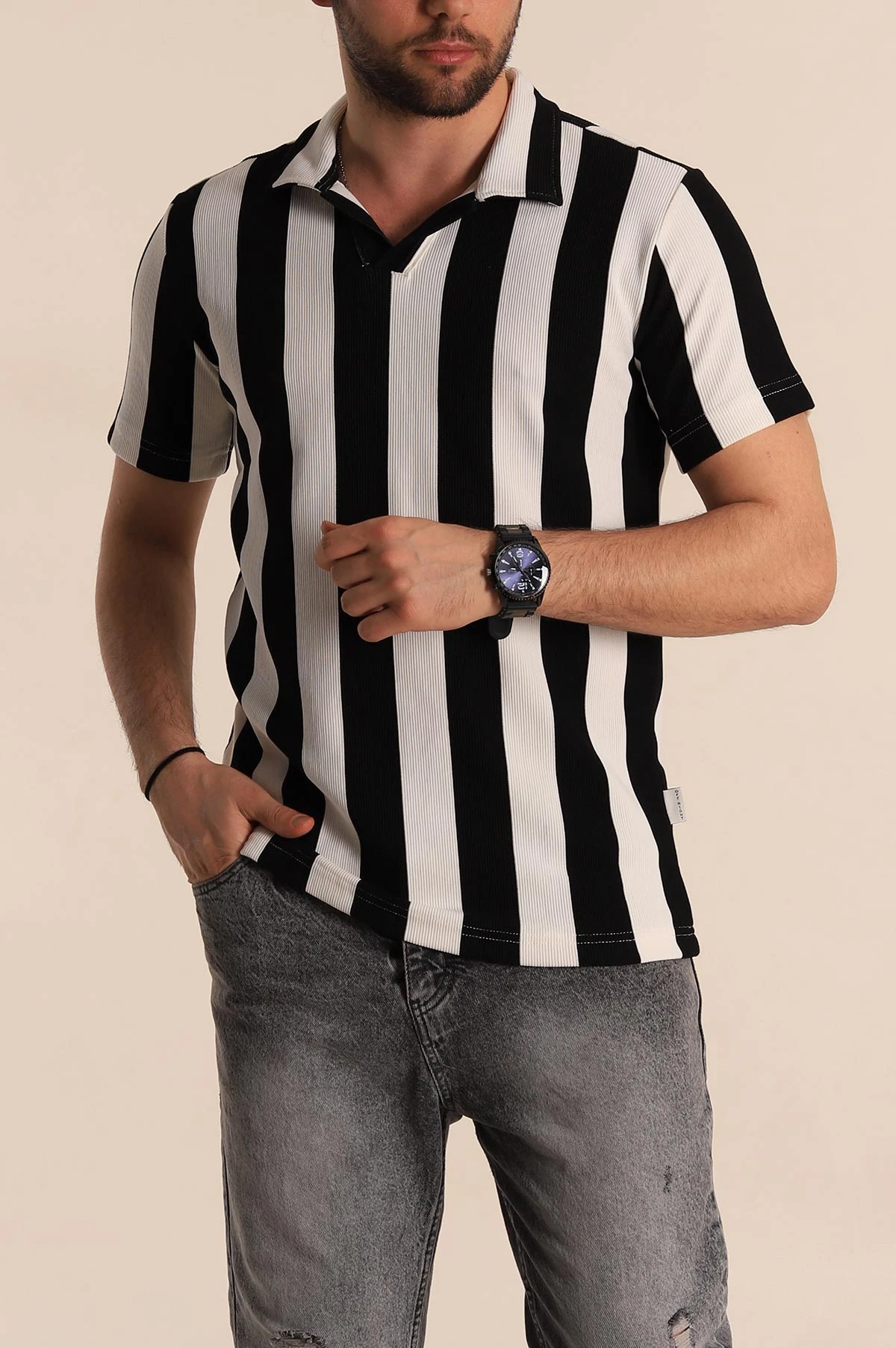 Siyah Beyaz Regular Fit Çizgili Polo Yaka Erkek Tişört 268618