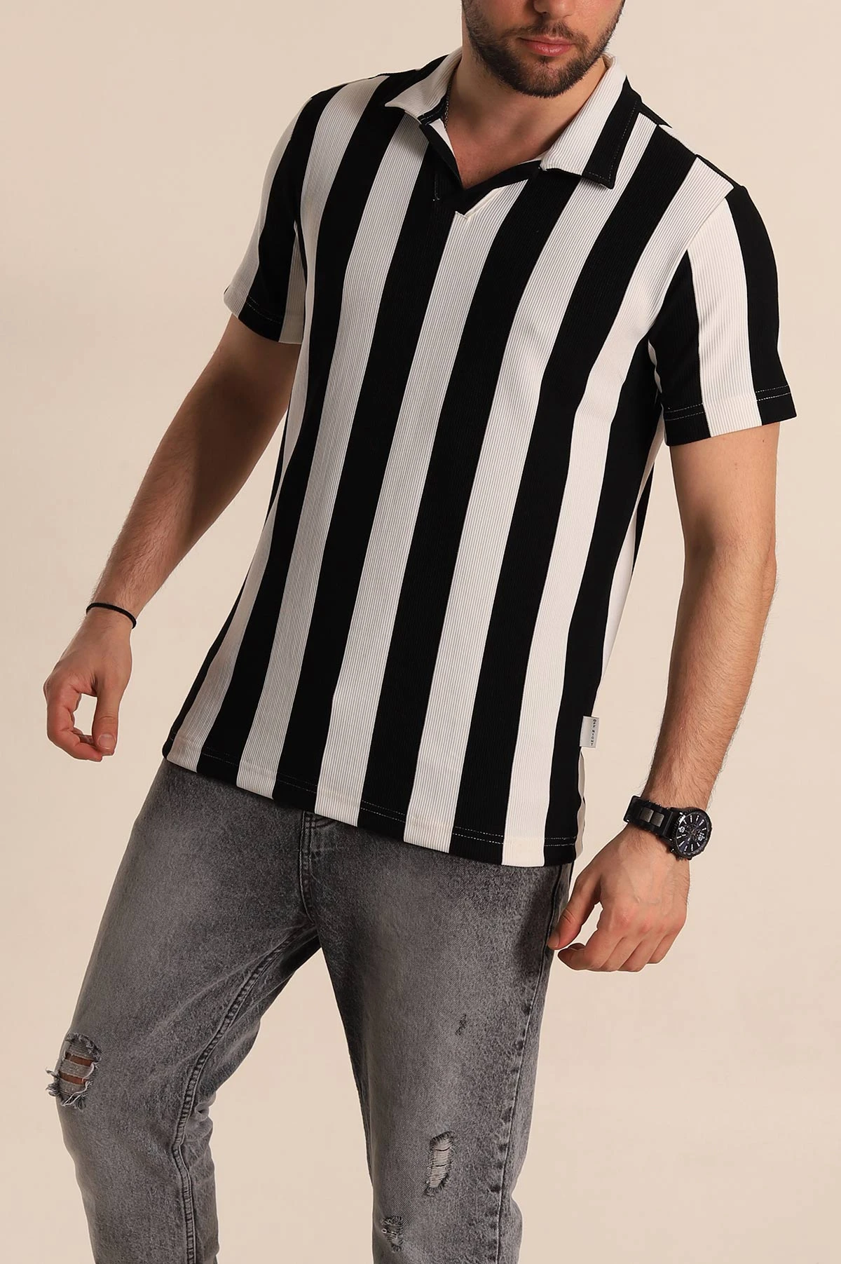 Siyah Beyaz Regular Fit Çizgili Polo Yaka Erkek Tişört 268618