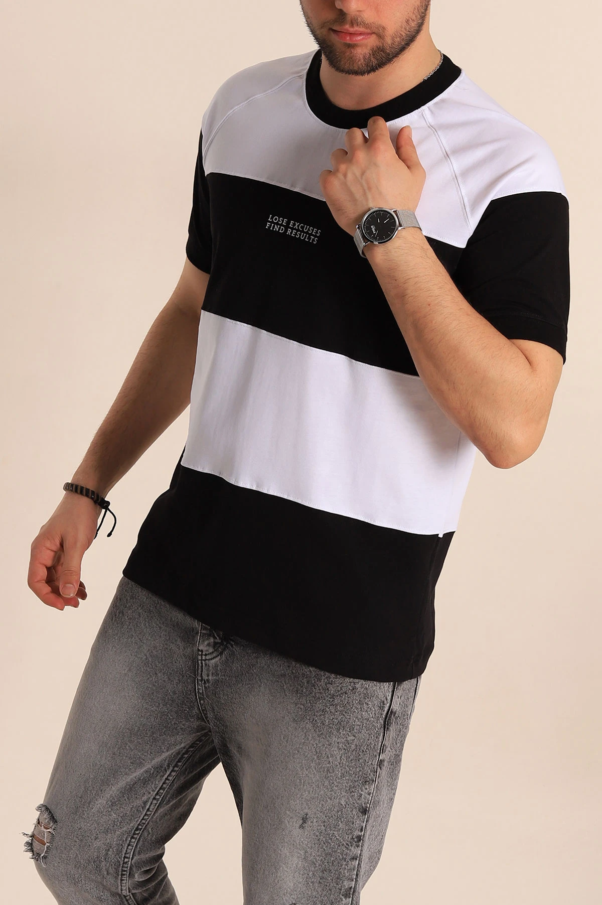 Siyah Beyaz Regular Fit Yazı Detay Reglan Kol Erkek Tişört 262736