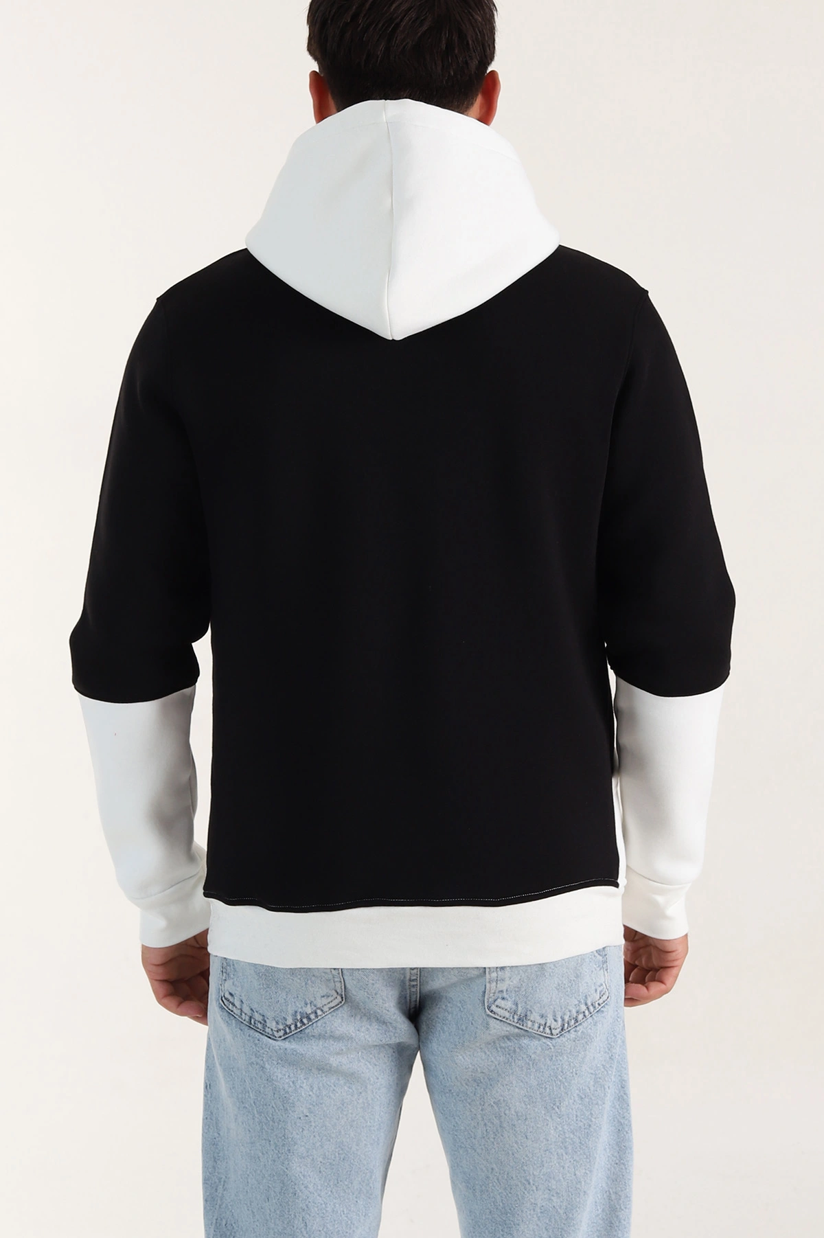 Siyah Beyaz Üç İp Şardonlu Kapüşonlu Yazı Detaylı Erkek Sweatshirt 396151