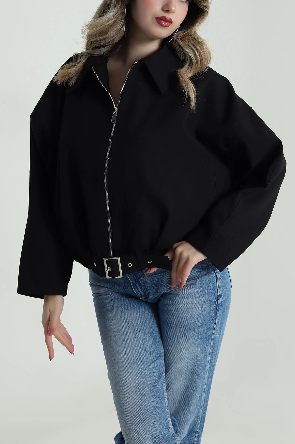 Siyah Bezayağı Kadın Bomber Mont 485905
