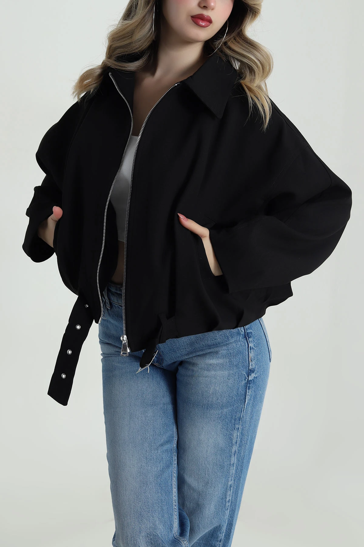 Siyah Bezayağı Kadın Bomber Mont 485905