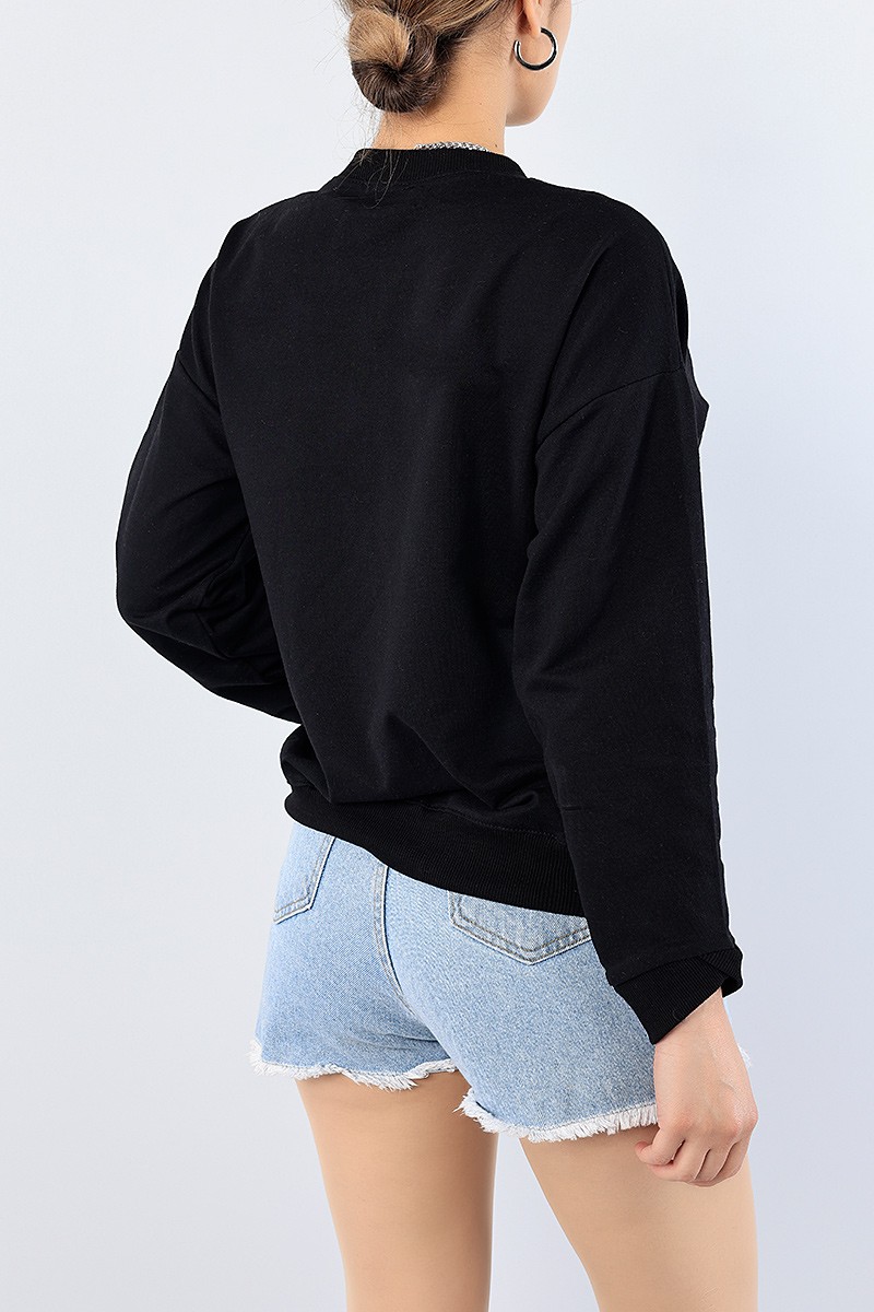 Siyah Bisiklet Yaka Baskılı Bayan Sweat 75201