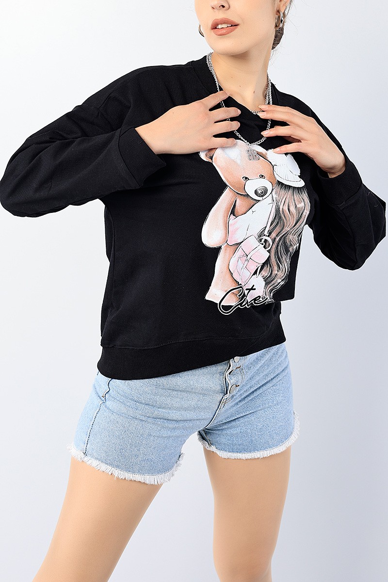 Siyah Bisiklet Yaka Baskılı Bayan Sweat 75201