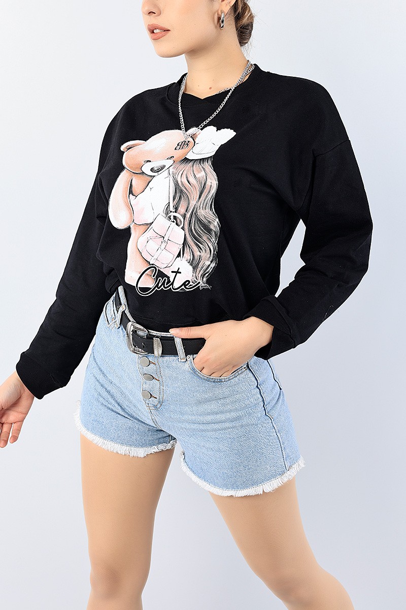 Siyah Bisiklet Yaka Baskılı Bayan Sweat 75201