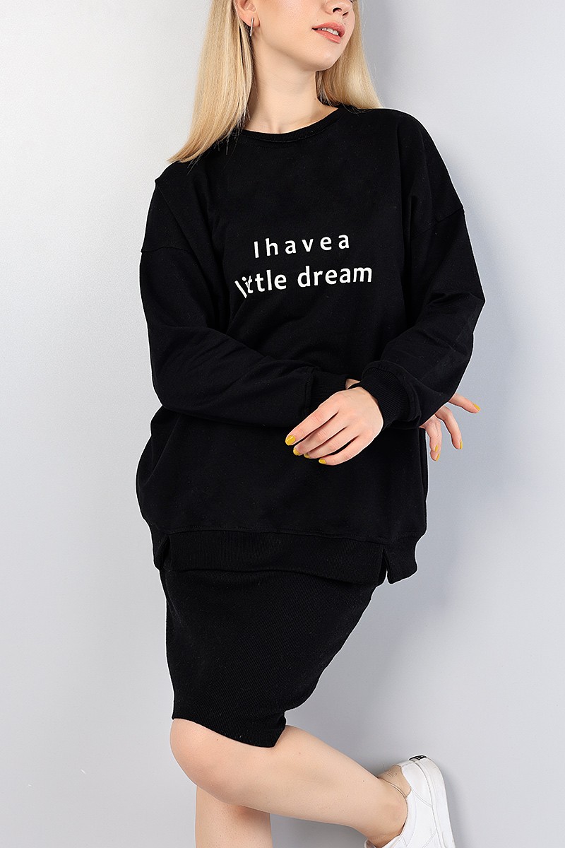 Siyah Bisiklet Yaka Baskılı Bayan Sweat 76506