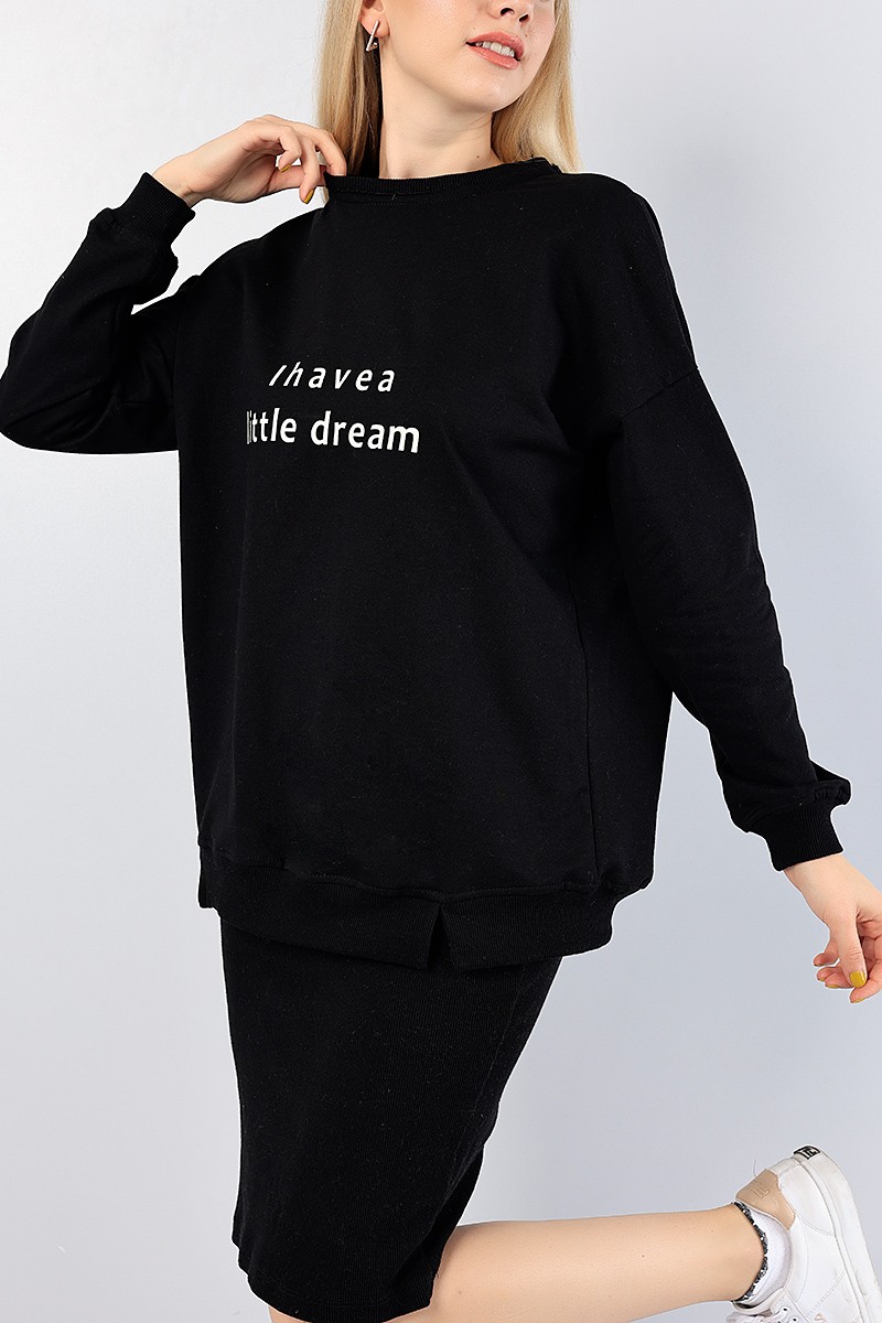 Siyah Bisiklet Yaka Baskılı Bayan Sweat 76506