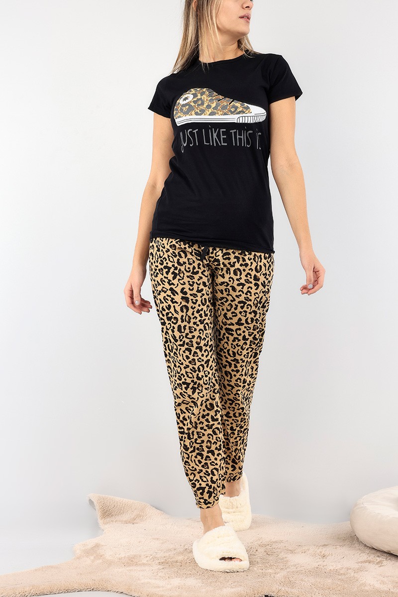 Siyah Bisiklet Yaka Bayan Pijama Takımı 92081