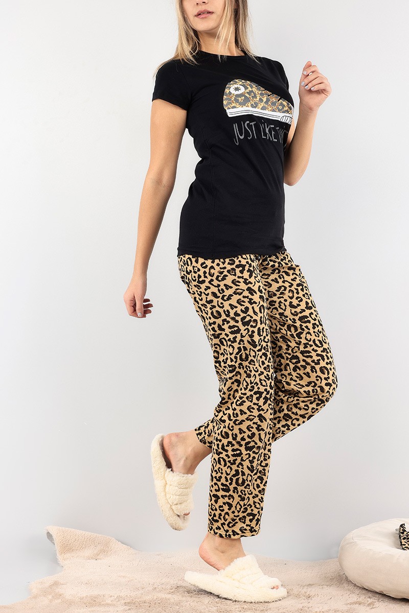 Siyah Bisiklet Yaka Bayan Pijama Takımı 92081