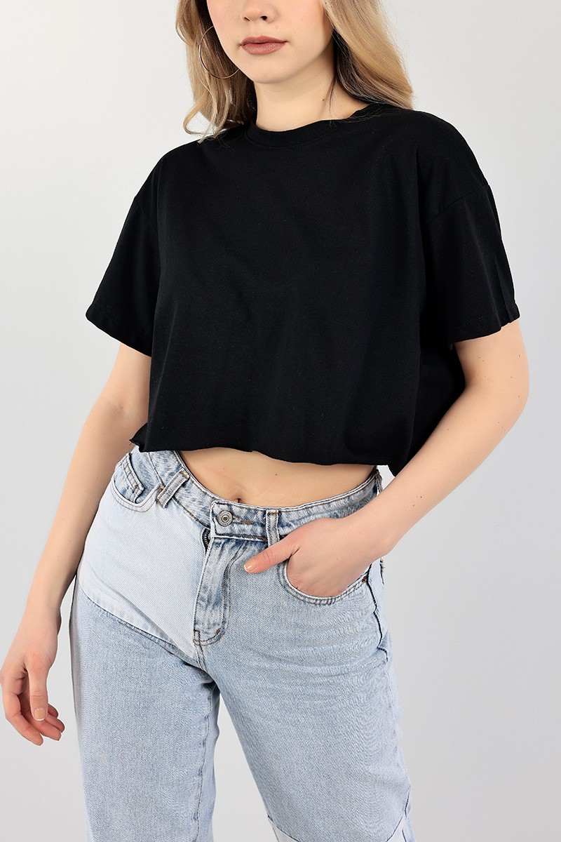 Siyah Bisiklet Yaka Crop Tişört 104645