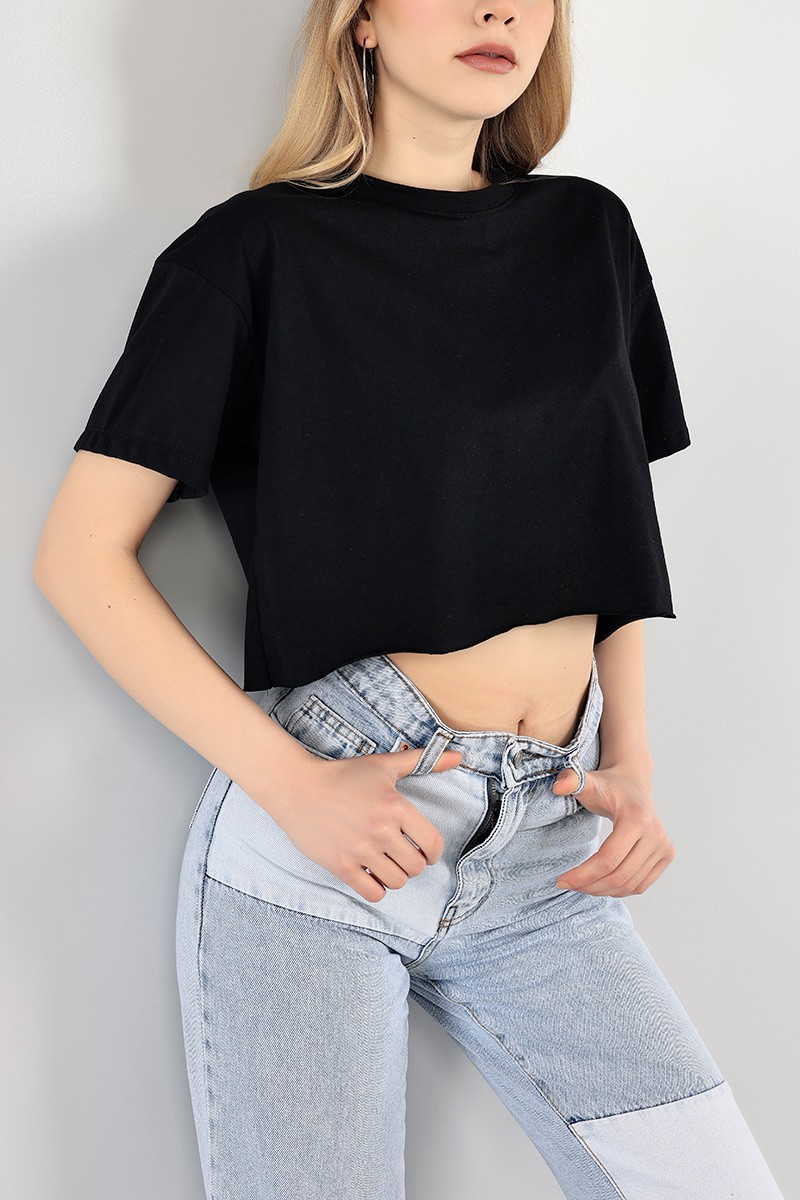 Siyah Bisiklet Yaka Crop Tişört 104645