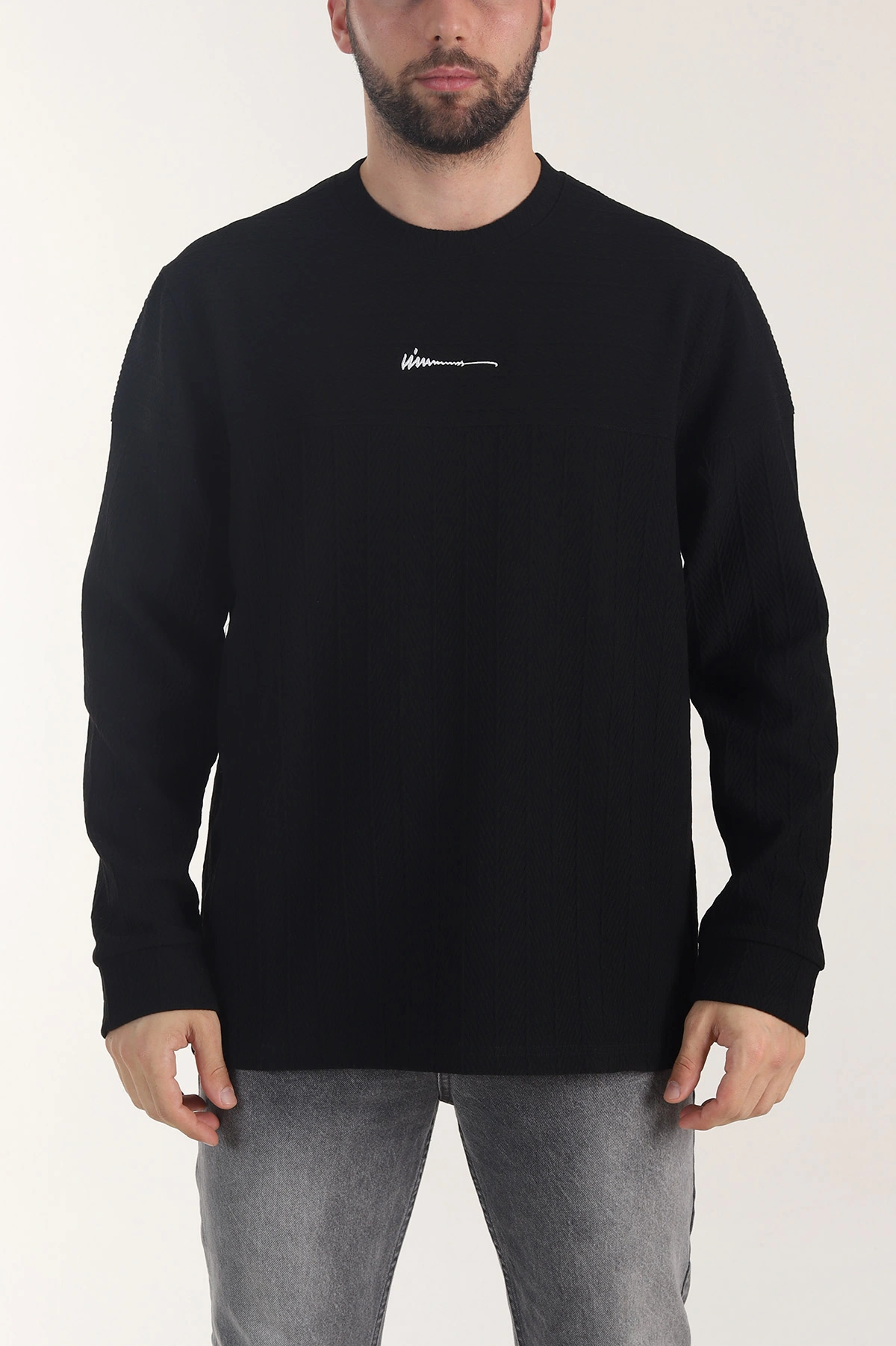 Siyah Bisiklet Yaka Dokulu Nakış Detaylı Erkek Sweatshirt 406945