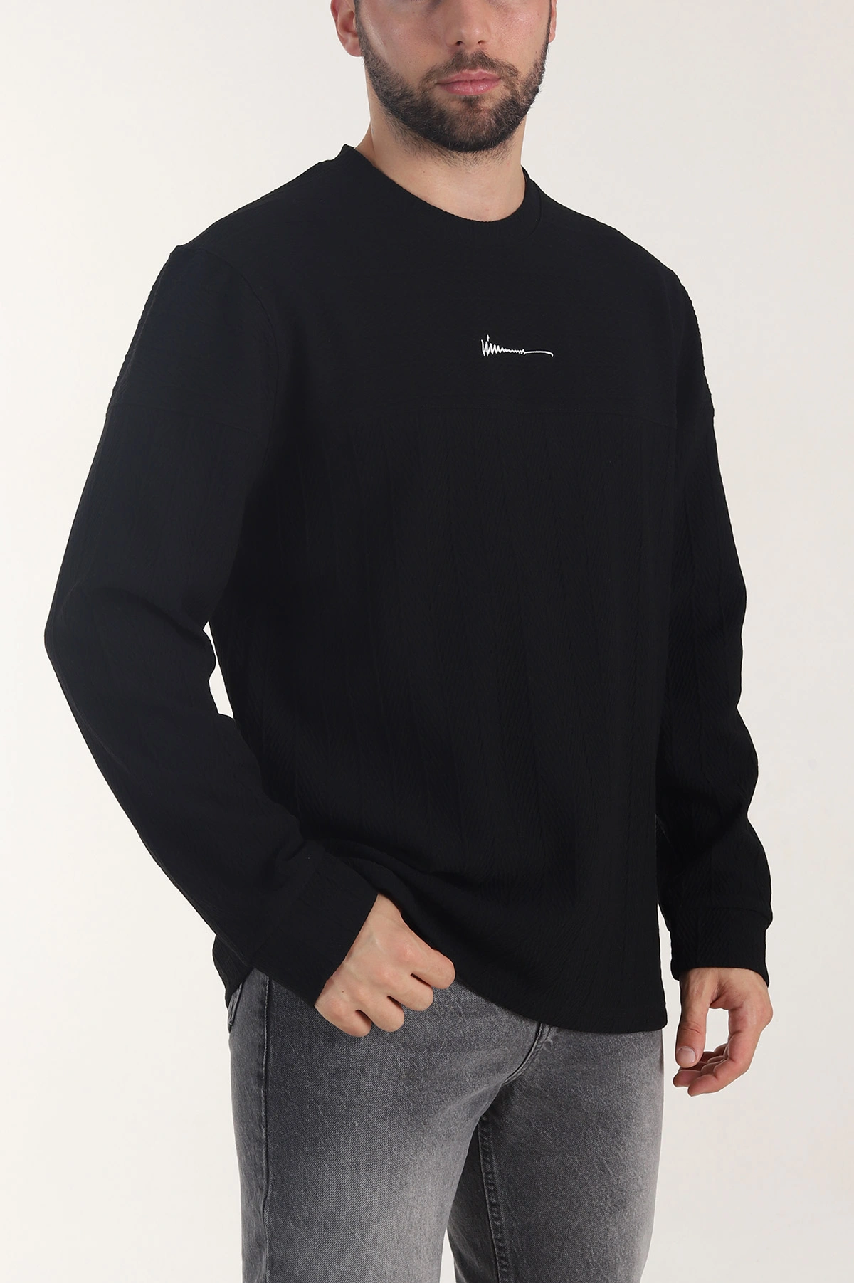 Siyah Bisiklet Yaka Dokulu Nakış Detaylı Erkek Sweatshirt 406945