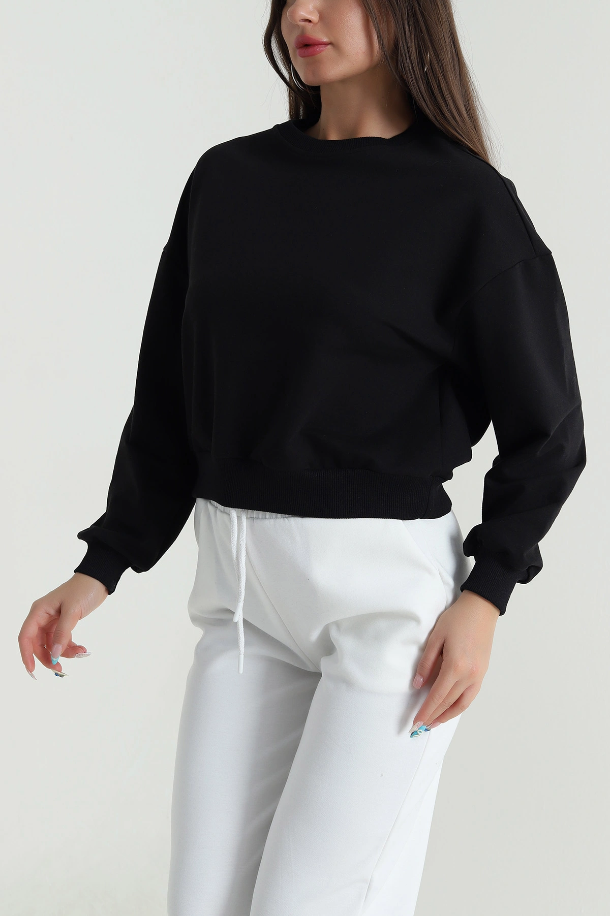 Siyah Bisiklet Yaka İki İp Kadın Sweat 484272