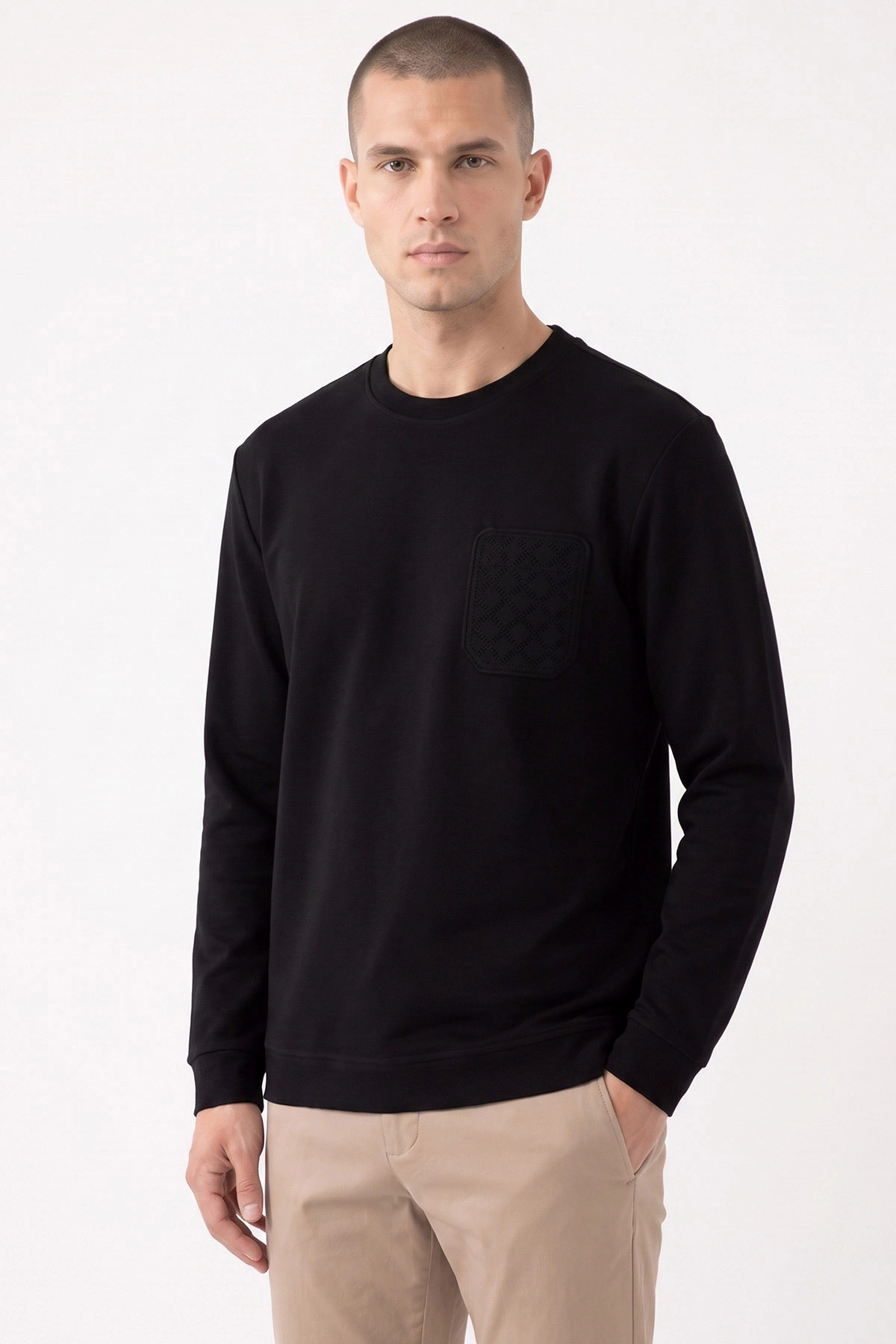 Siyah Bisiklet Yaka Kabartma Detaylı Erkek Sweatshirt 482802