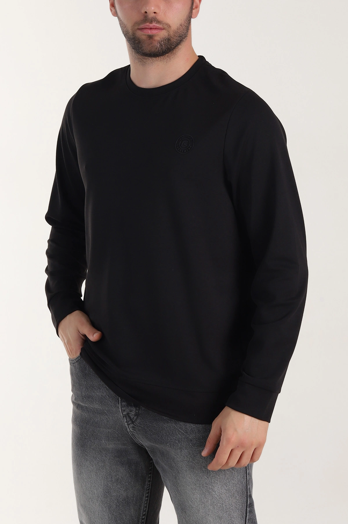 Siyah Bisiklet Yaka Likralı Erkek Sweatshirt 410578