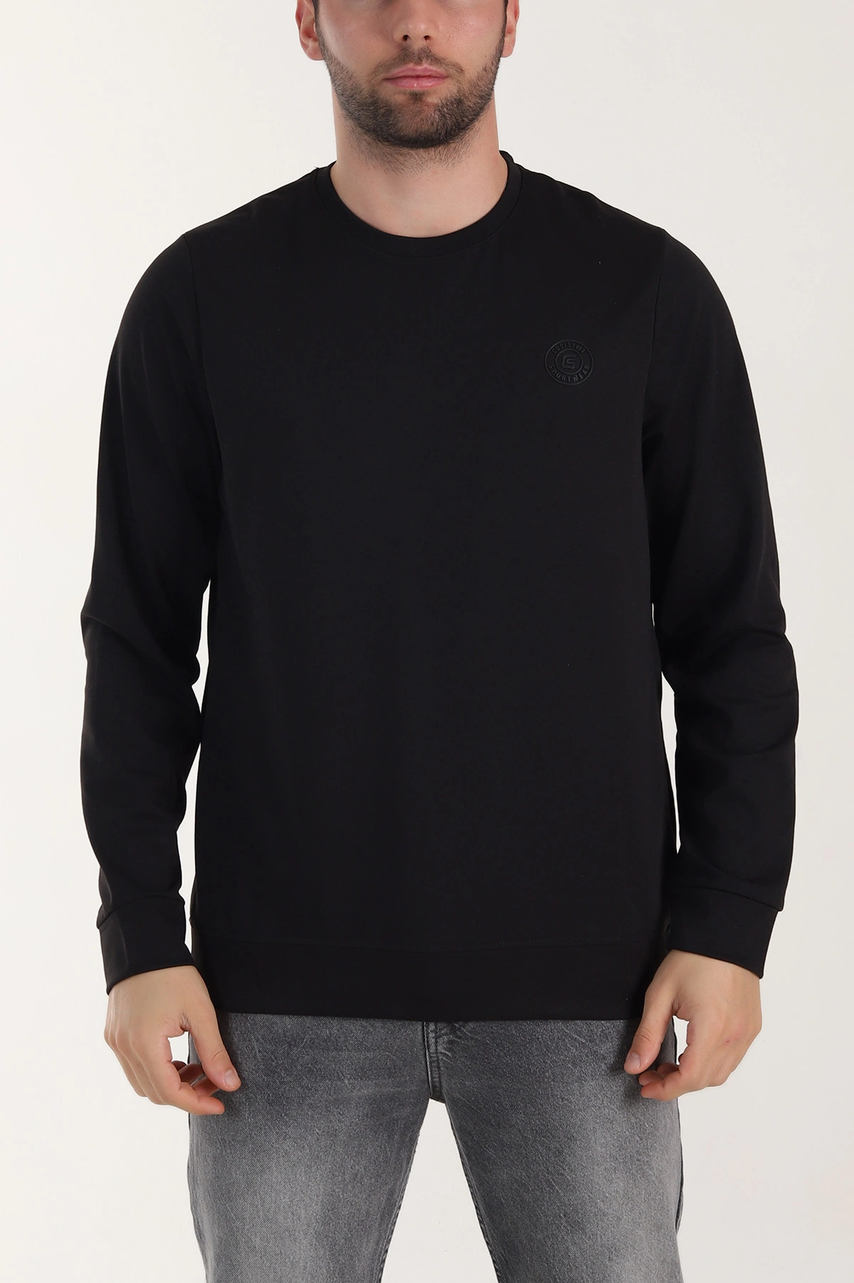 Siyah Bisiklet Yaka Likralı Erkek Sweatshirt 410578