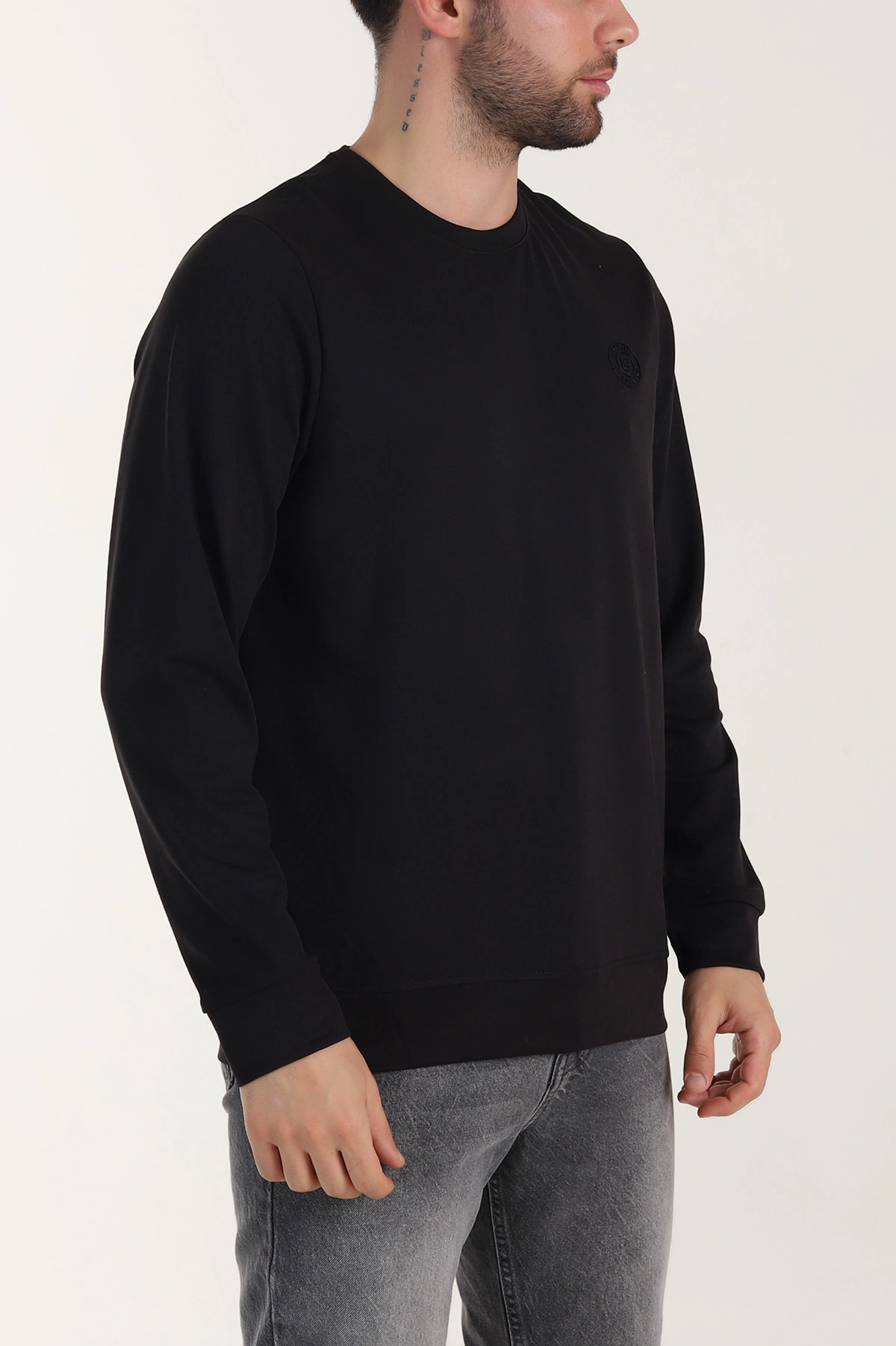 Siyah Bisiklet Yaka Likralı Erkek Sweatshirt 410578