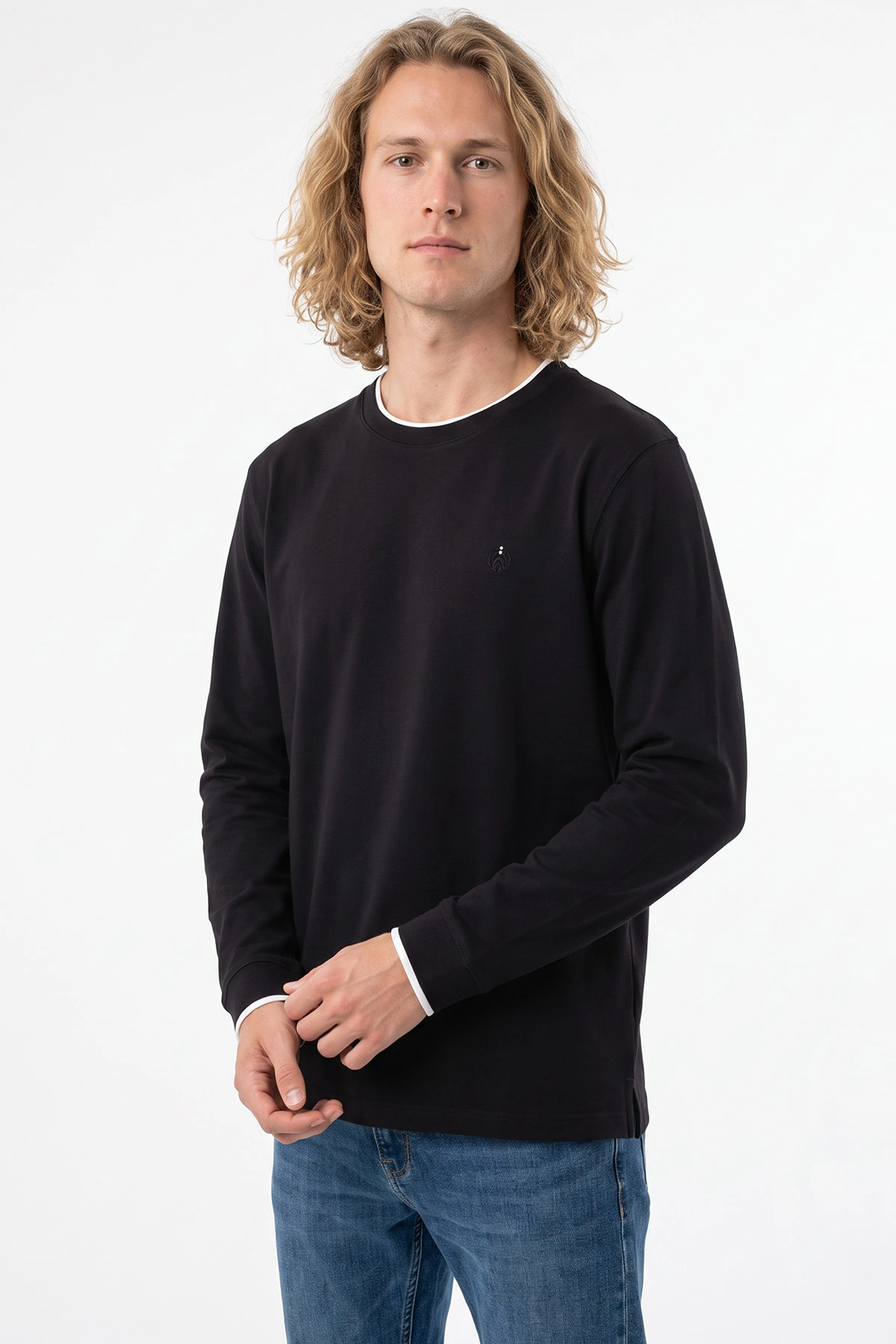 Siyah Bisiklet Yaka Nakış Detay Erkek Sweatshirt 492007